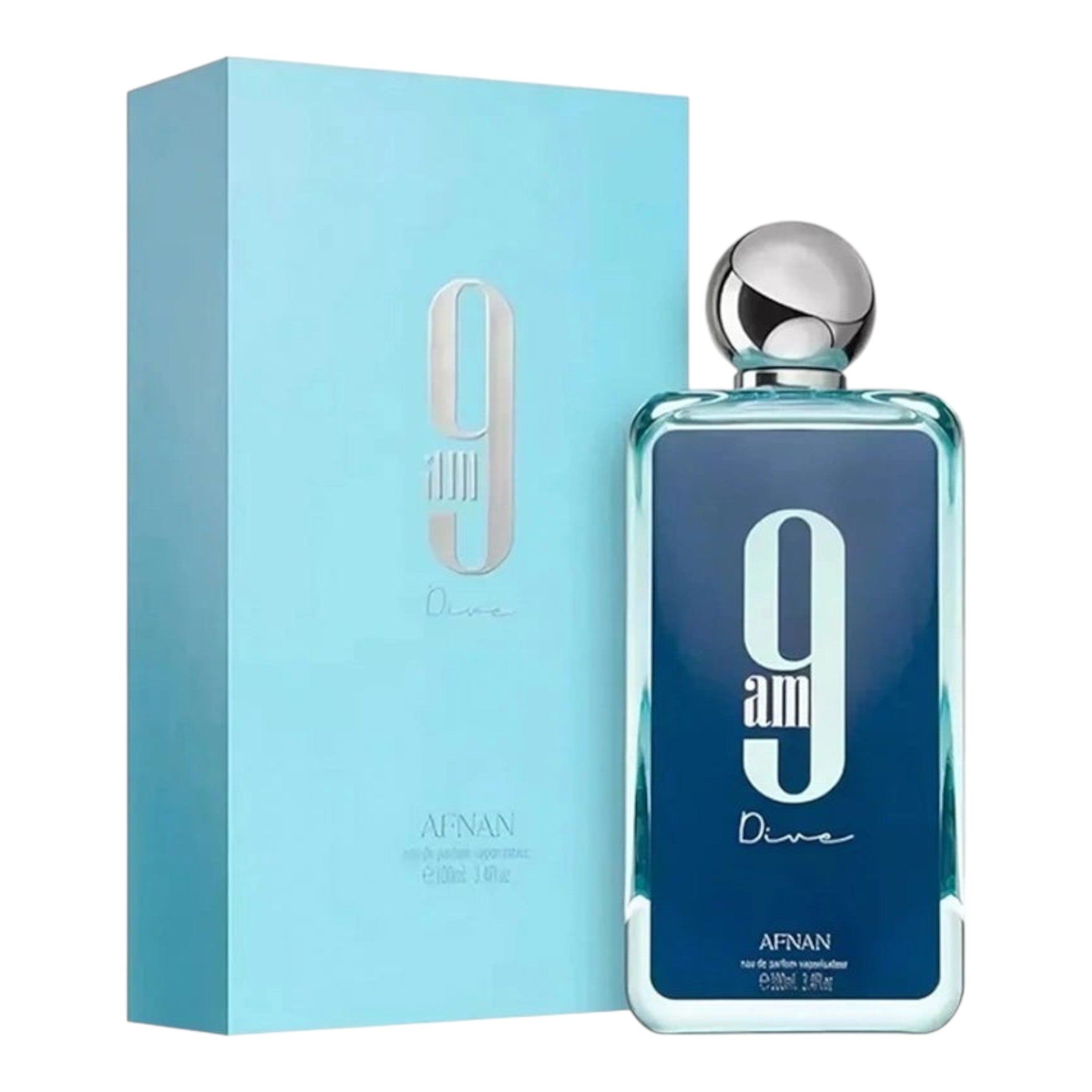 Unique Clothes 9 AM Dive eau de parfum bottle and light blue box featuring a fresh, aquatic, and citrus fragrance.