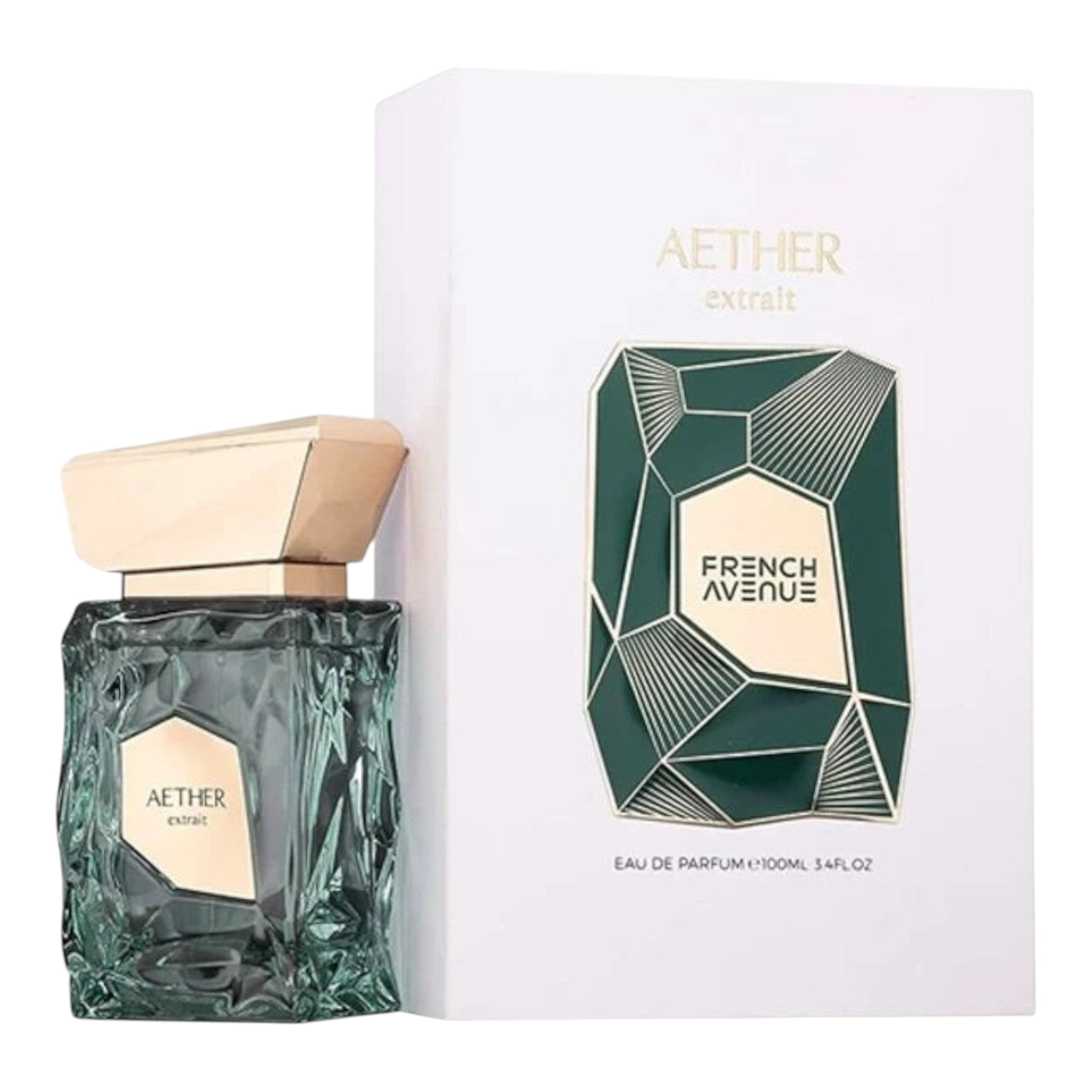 Unique Clothes Aether Extrait perfume bottle with textured green glass and gold cap next to its white gift box.