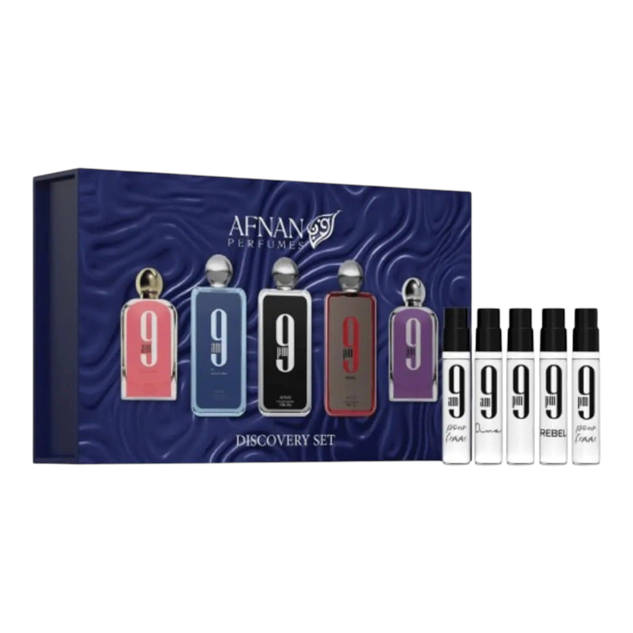 Unique Clothes Afnan 9 Discovery set featuring five miniature perfume bottles and five sample vials in a blue box.