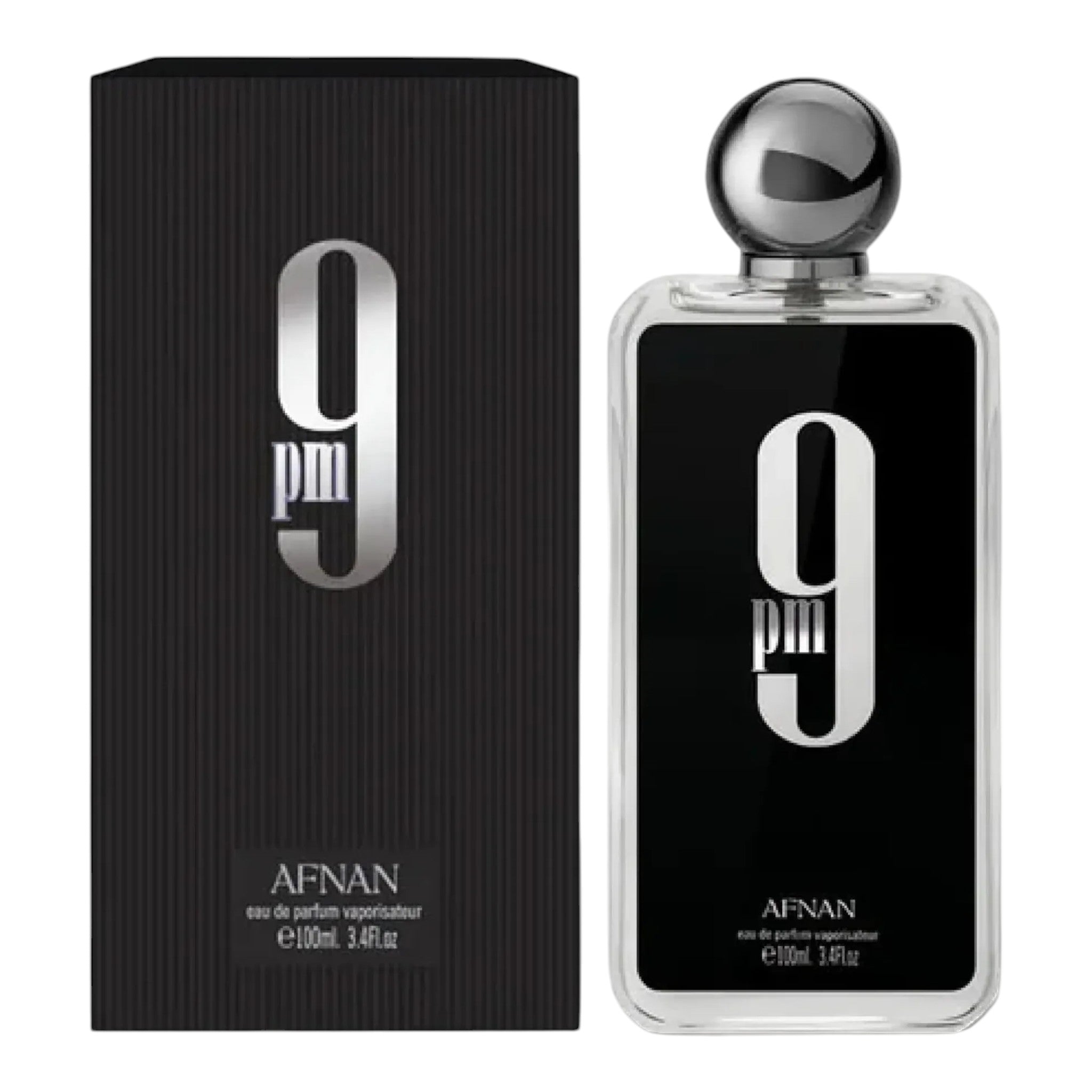 Unique Clothes Afnan 9 PM eau de parfum bottle and black textured box, a sophisticated masculine fragrance.