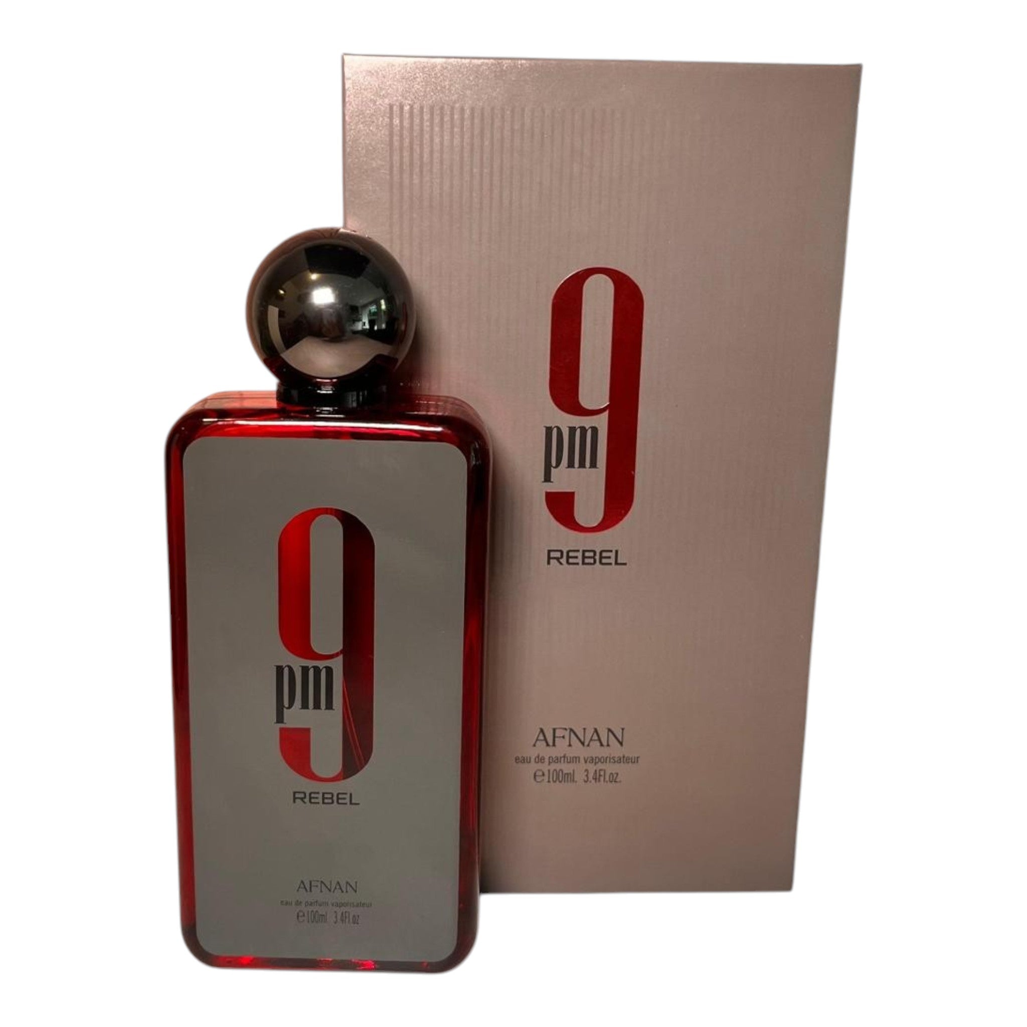 Unique Clothes Afnan 9PM Rebel eau de parfum bottle and box, a vibrant red fragrance for men.