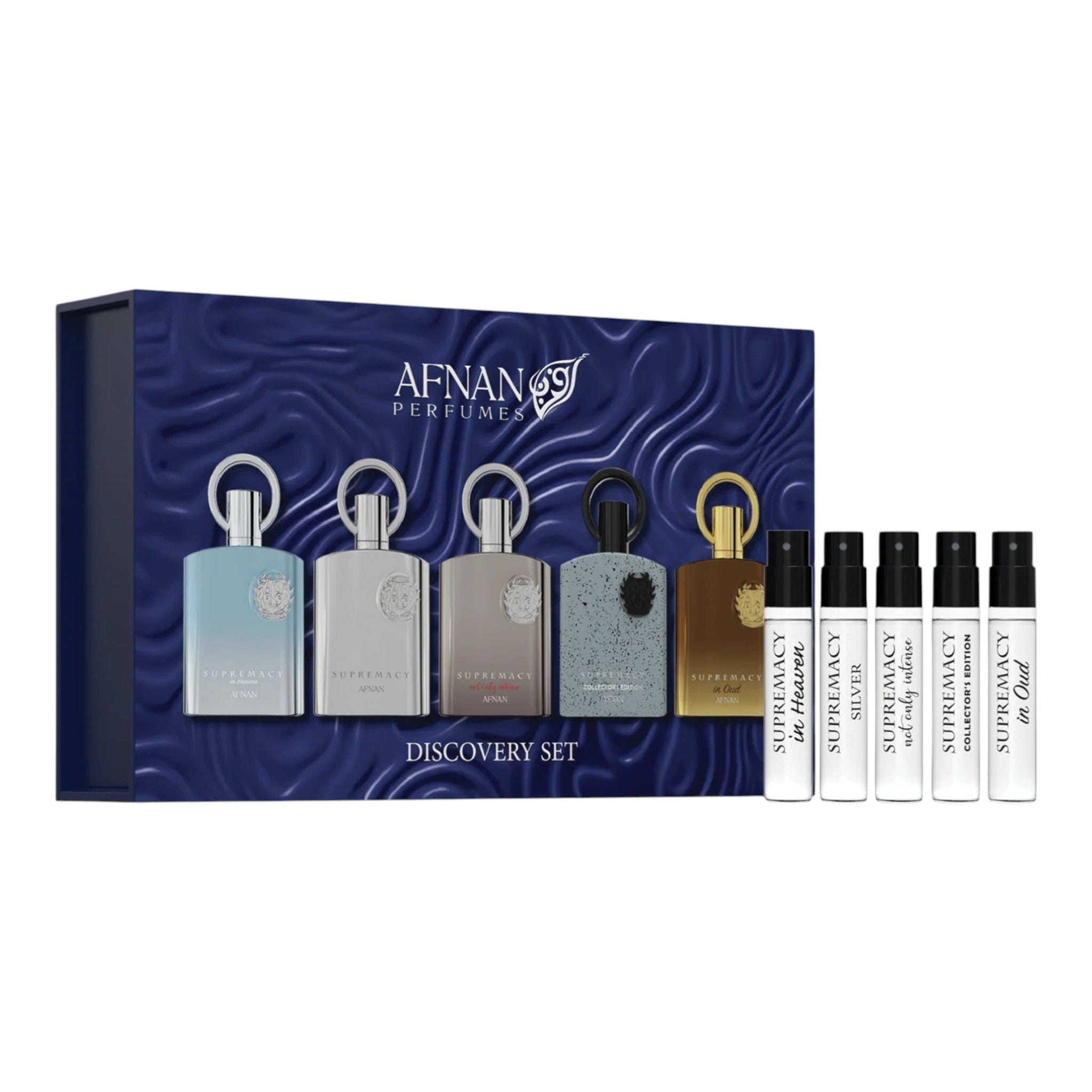 Unique Clothes Afnan Discovery set featuring five miniature perfume bottles and five sample vials in a blue box.