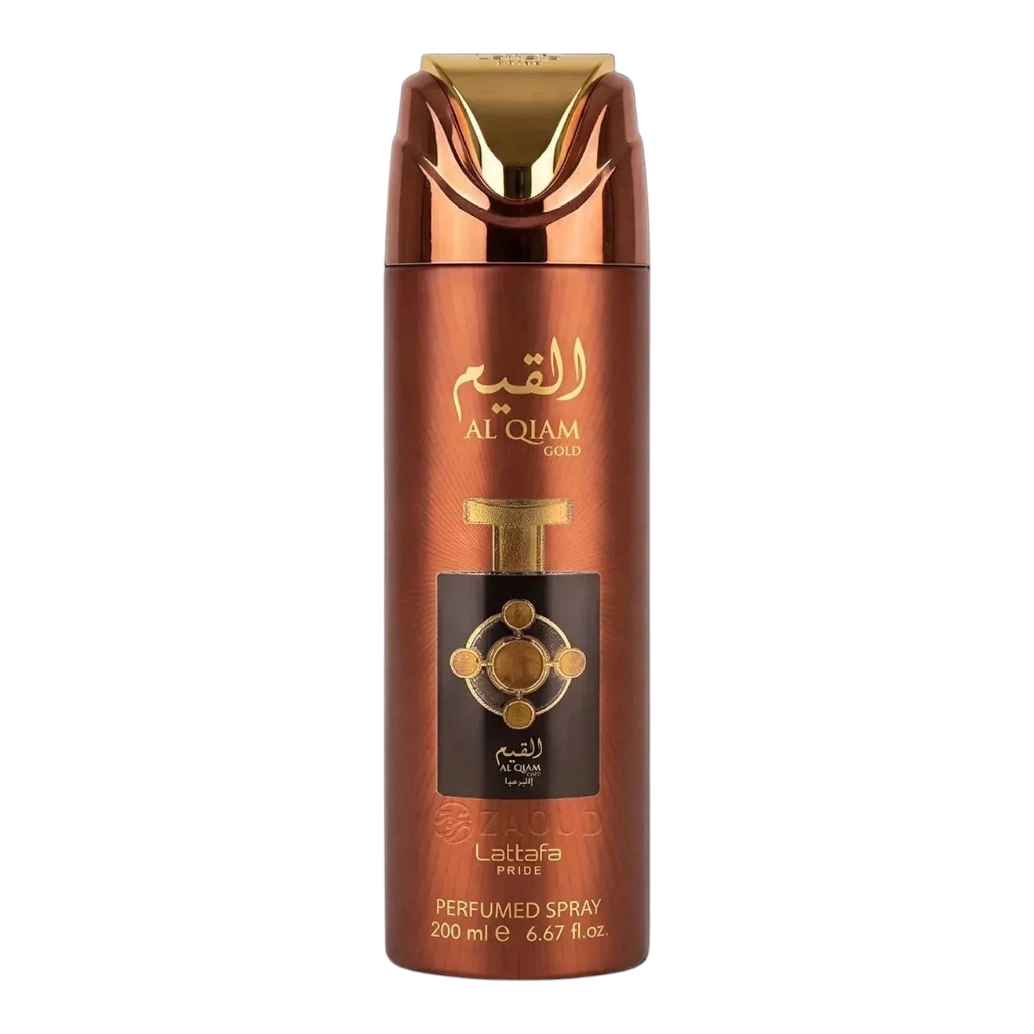 Unique Clothes Al Qiam Gold unisex body spray in a metallic brown bottle with elegant gold accents and branding.