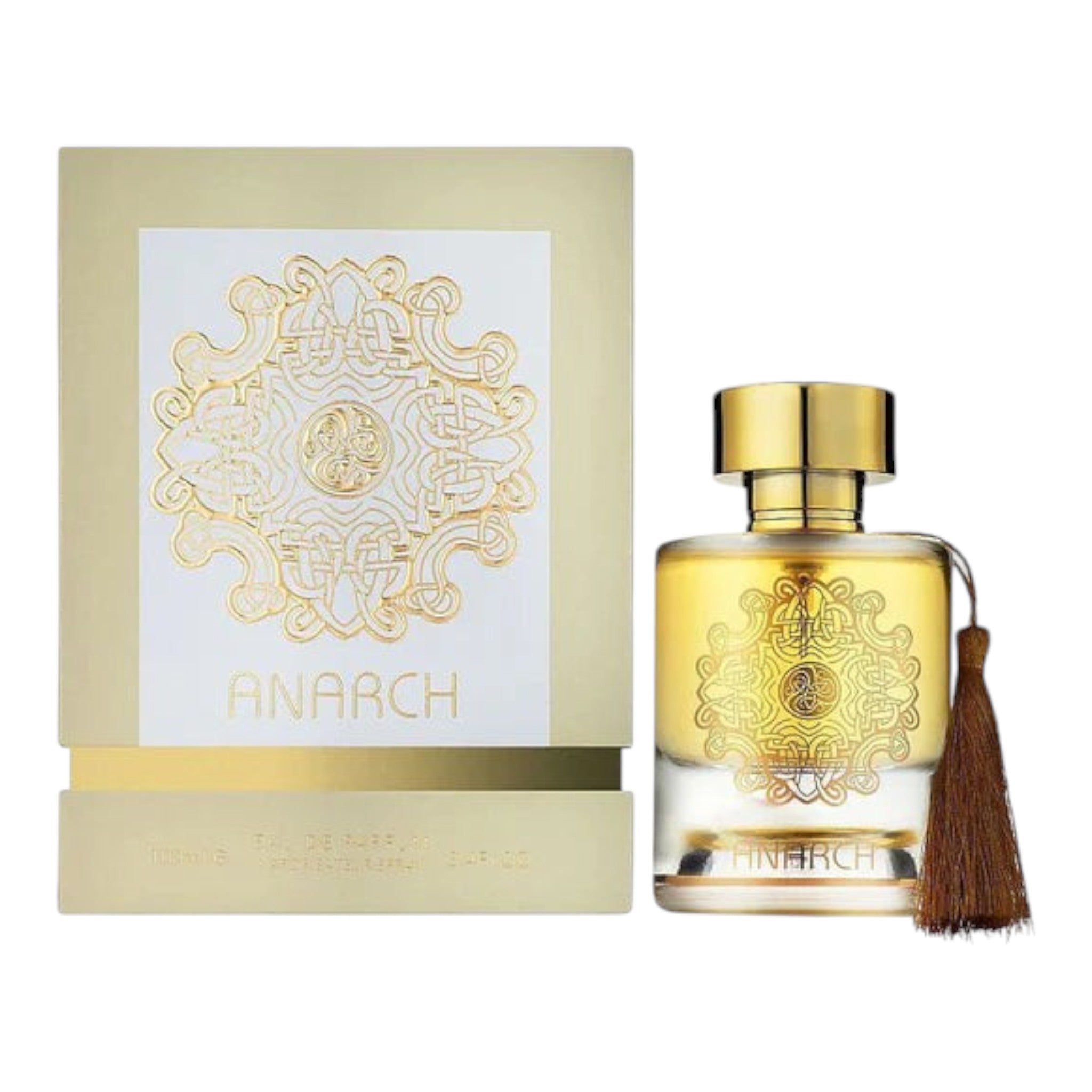 Unique Clothes Anarch Maison Alhambra eau de parfum in a gold-accented glass bottle with a decorative brown tassel.