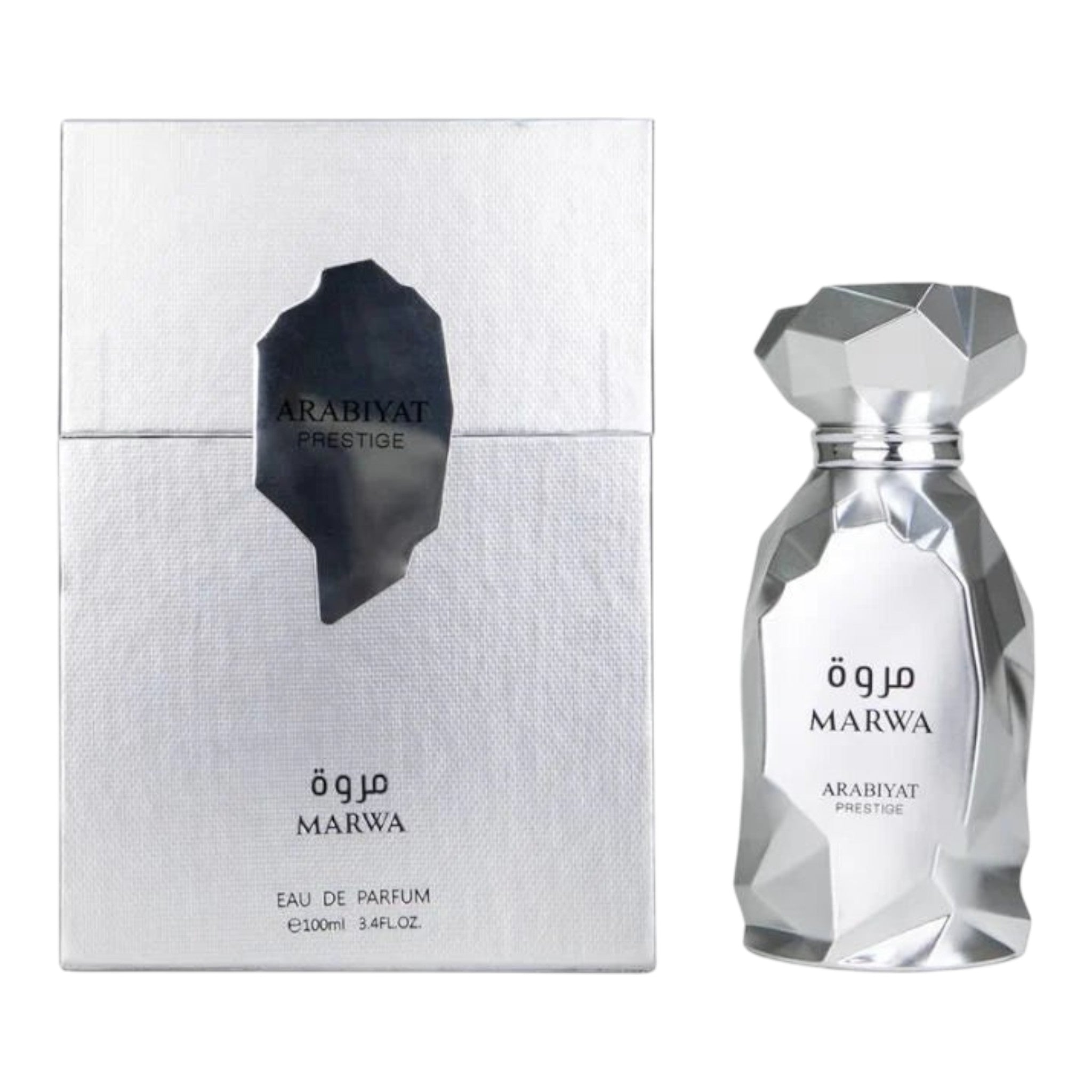 Unique Clothes Arabiyat Prestige Marwa eau de parfum in a silver faceted bottle with matching textured gift box
