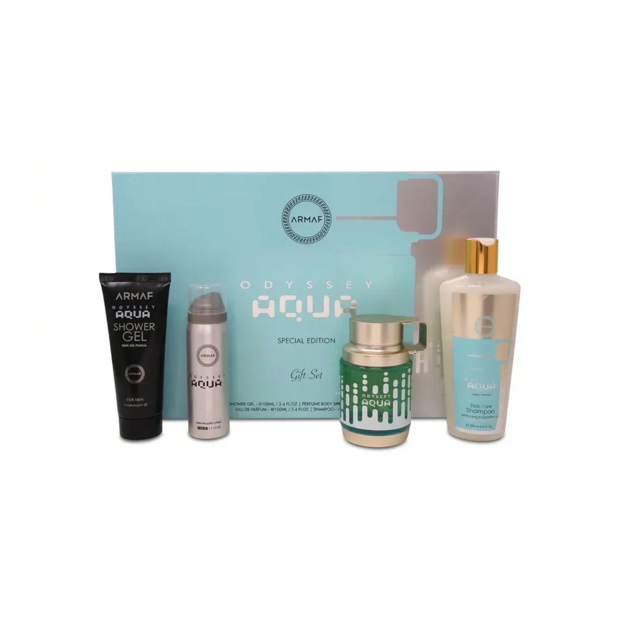 Unique Clothes Armaf Odyssey Aqua gift set featuring perfume, shower gel, body spray, and shampoo in a blue box.