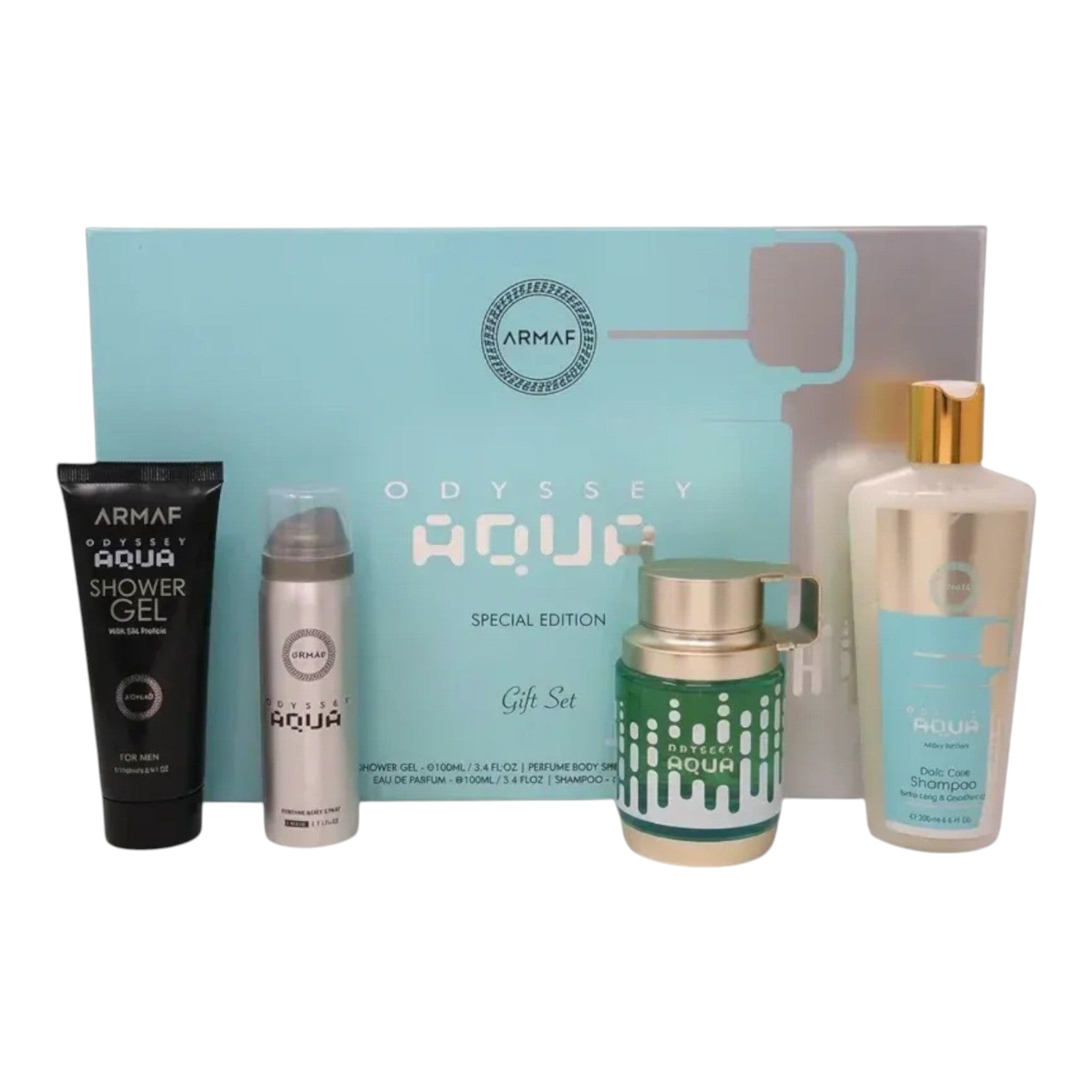 Unique Clothes Armaf Odyssey Aqua gift set featuring shower gel, body spray, perfume, and shampoo in a blue box