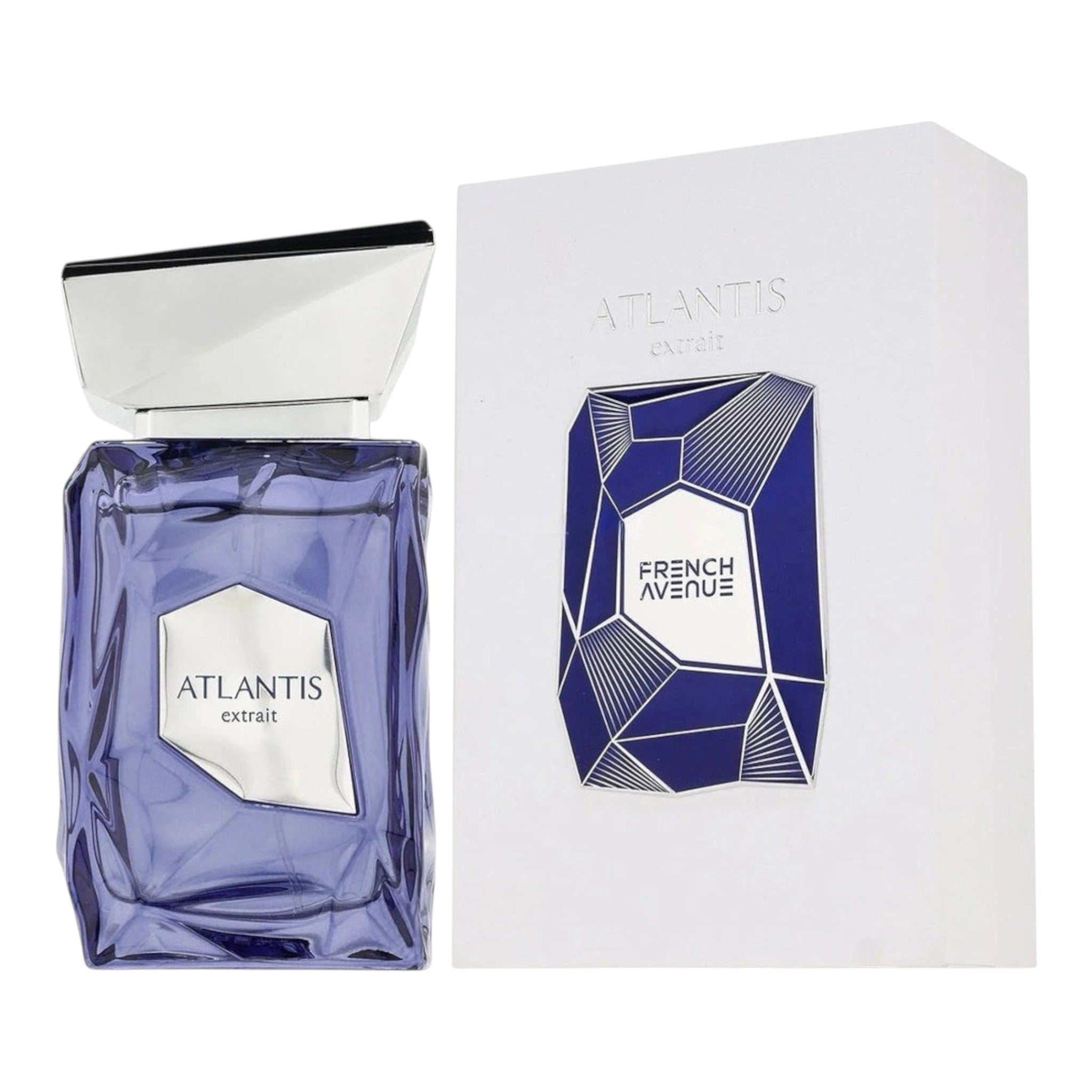 Unique Clothes Atlantis Extrait perfume bottle with faceted purple glass and silver cap next to its white box