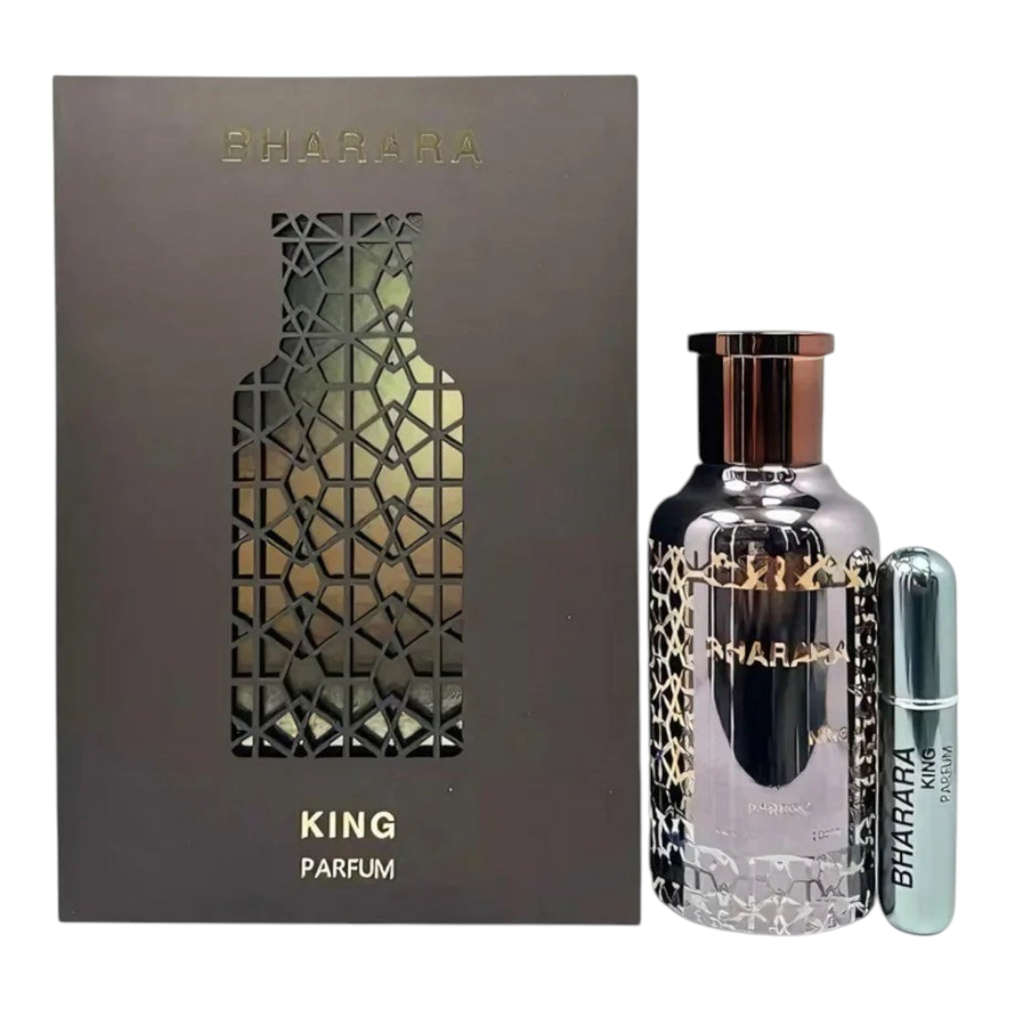 Unique Clothes Bharara King parfum set featuring a decorative brown box and a metallic bottle with geometric patterns.