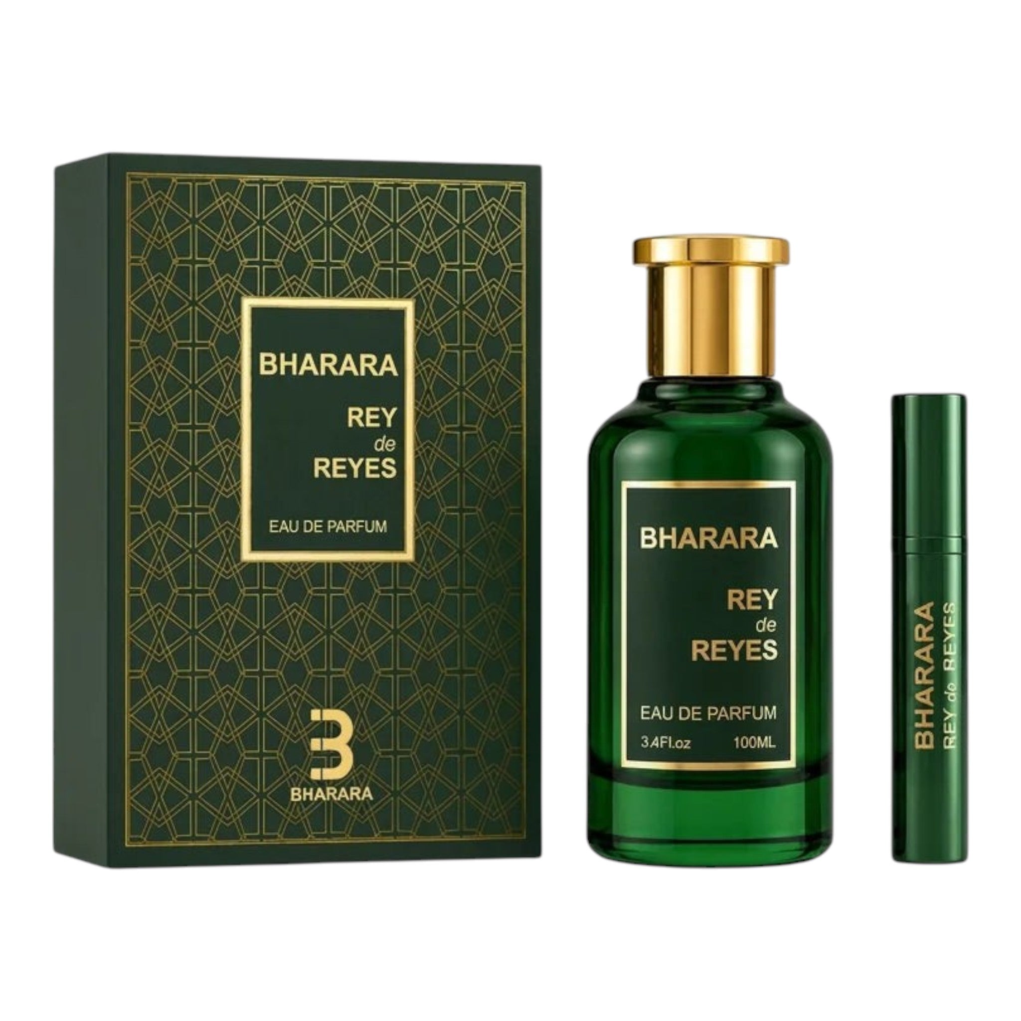 Unique Clothes Bharara Rey de Reyes eau de parfum gift set featuring a green glass bottle and travel spray