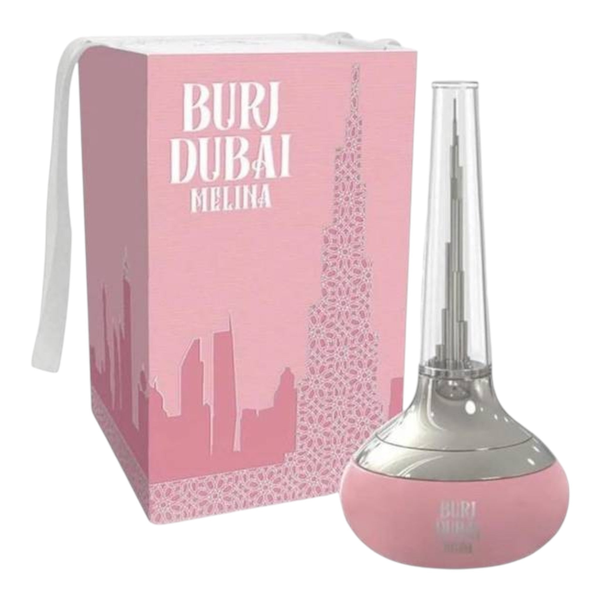 Unique Clothes Burj Dubai Melina floral and fruity perfume bottle with matching pink gift box featuring city skyline