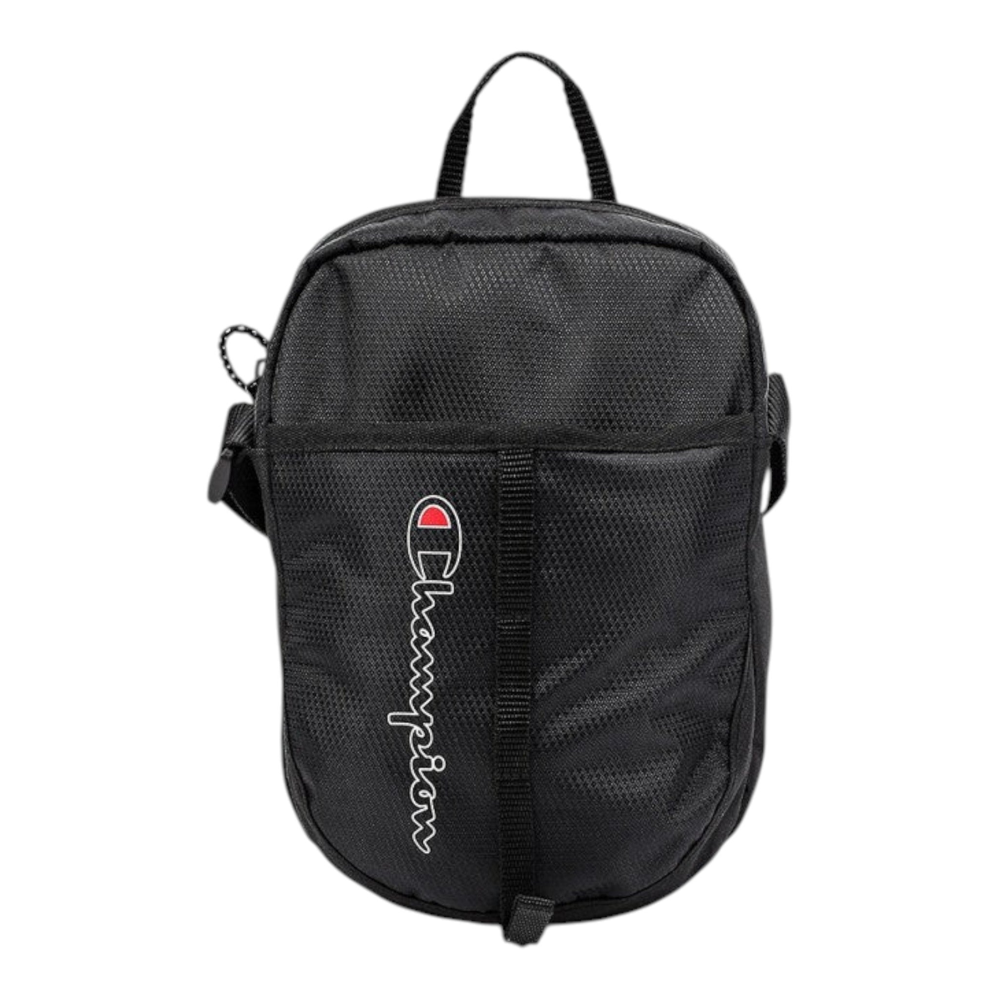 Unique Clothes black Champion hands-free crossbody bag with mesh texture and vertical logo branding