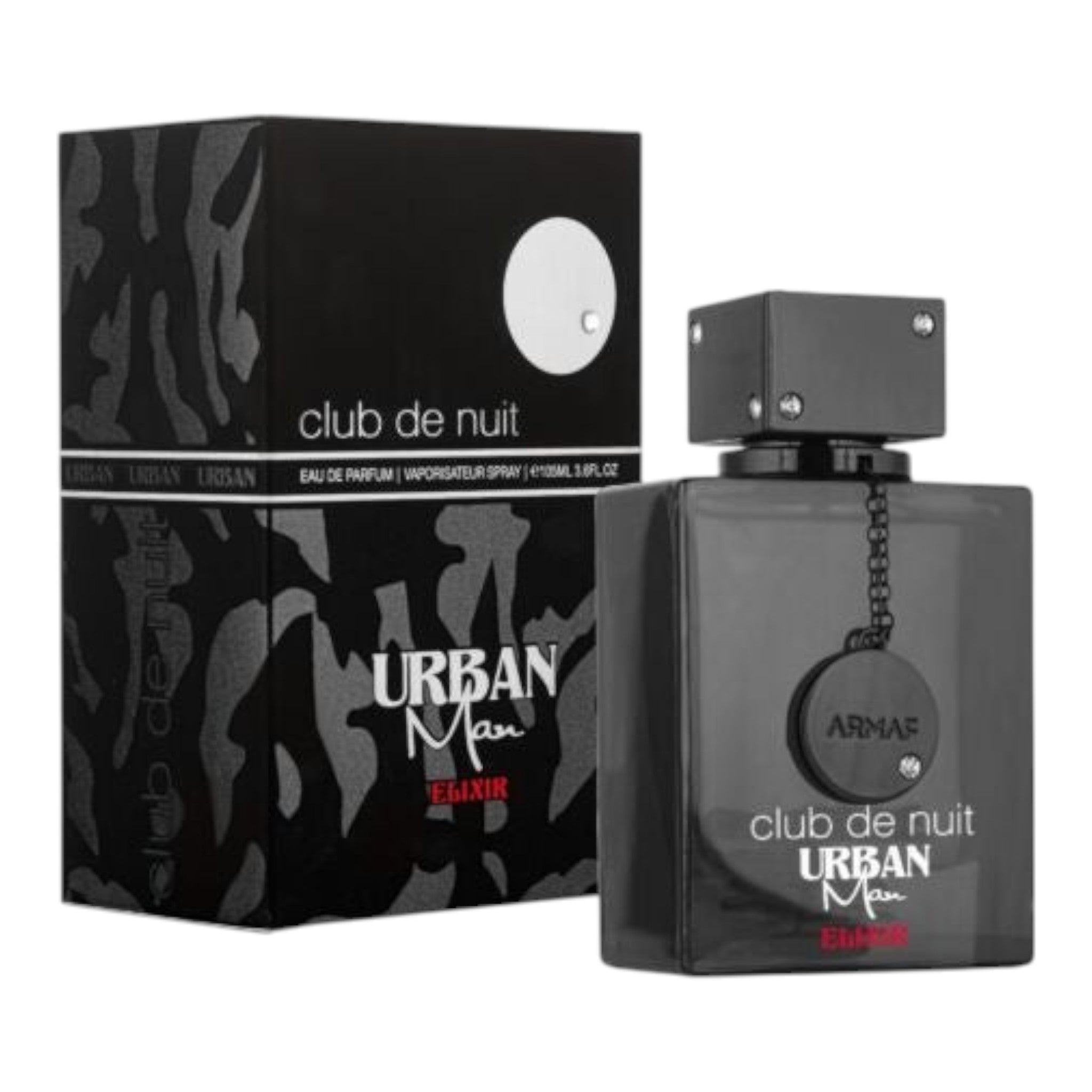 Unique Clothes Club de Nuit Urban Man Elixir eau de parfum bottle and black camouflage box for men