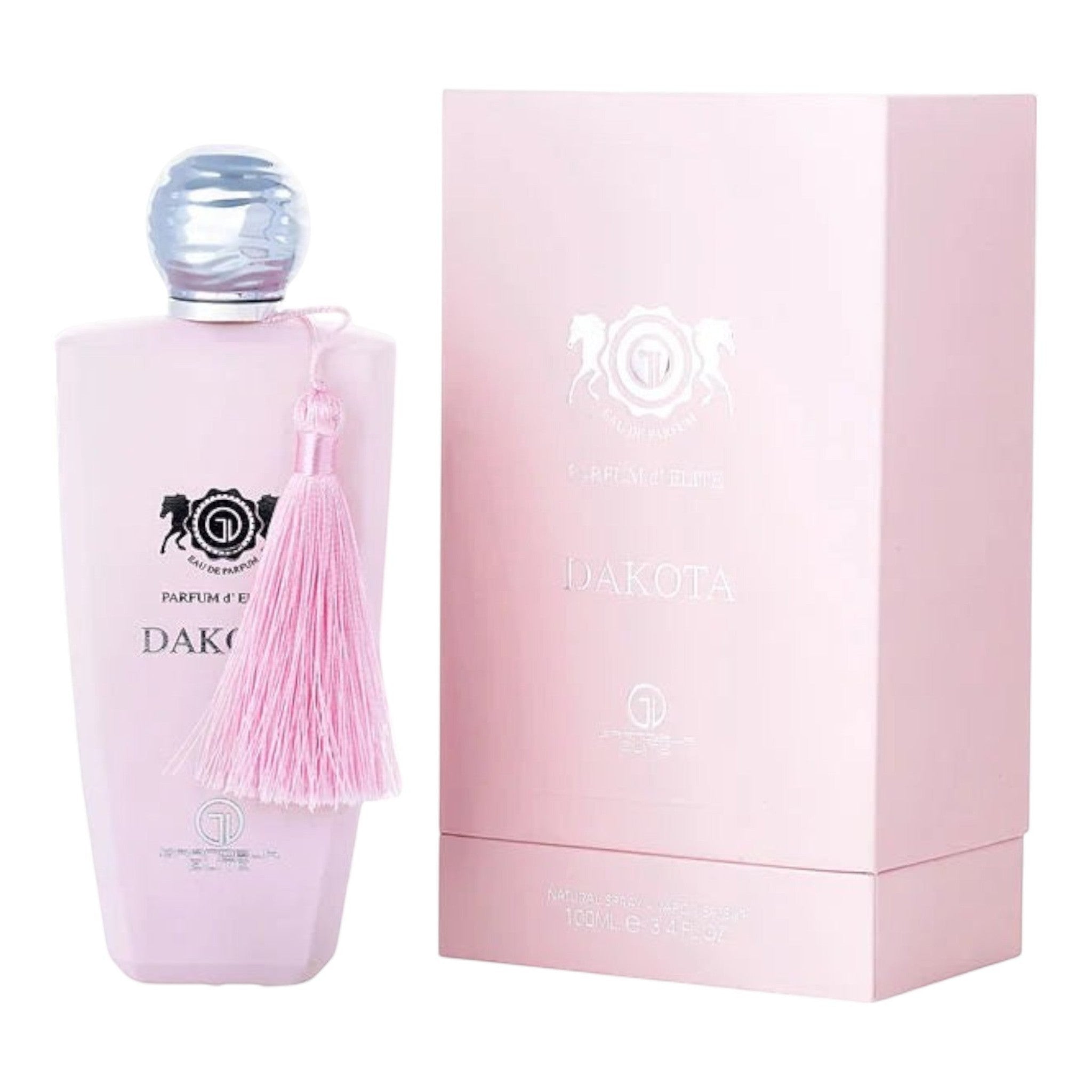 Unique Clothes Dakota Grandeur Elite perfume bottle and matching pink box with a decorative tassel