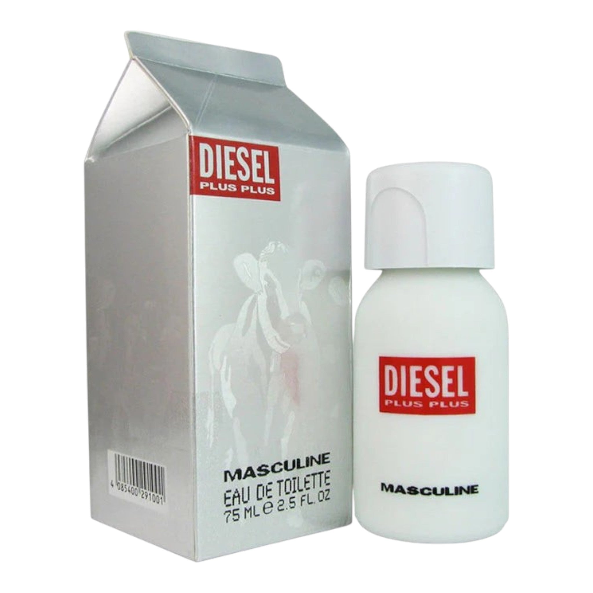 Unique Clothes Diesel Plus Plus Masculine eau de toilette 75ml bottle with its silver milk carton style box