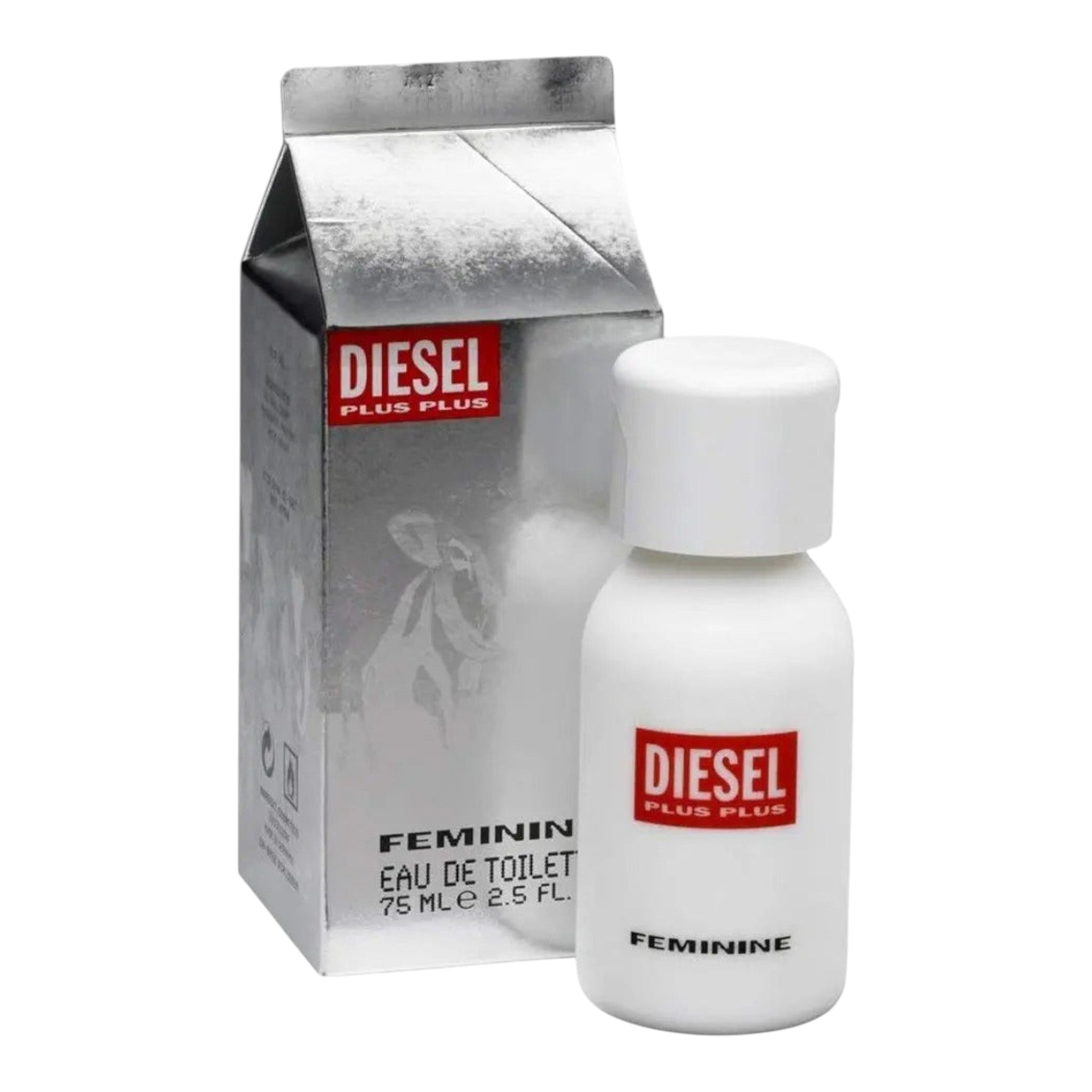 Unique Clothes Diesel Plus Plus Feminine eau de toilette perfume bottle with its silver milk carton style box