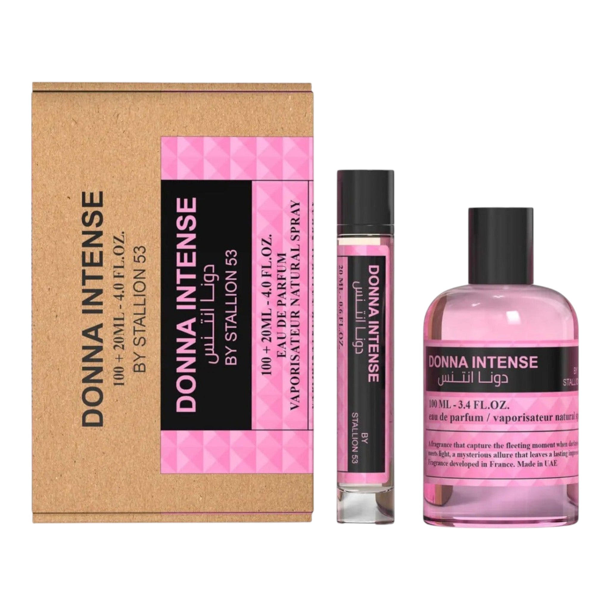 Unique Clothes Donna Intense by Stallion 53 perfume set featuring a pink glass bottle and a travel spray in a box.