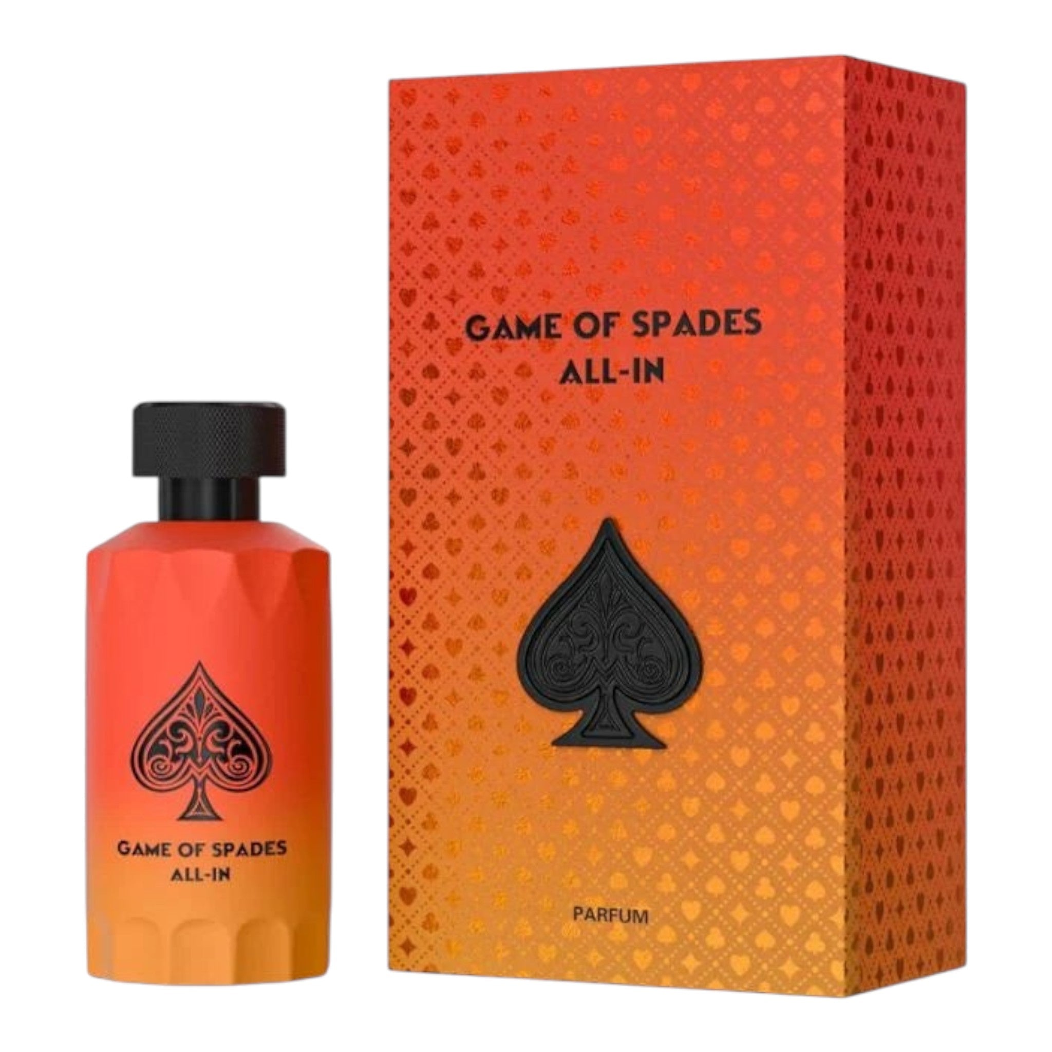 Unique Clothes Game Of Spades All in perfume bottle and box with orange to red gradient and black spade emblem