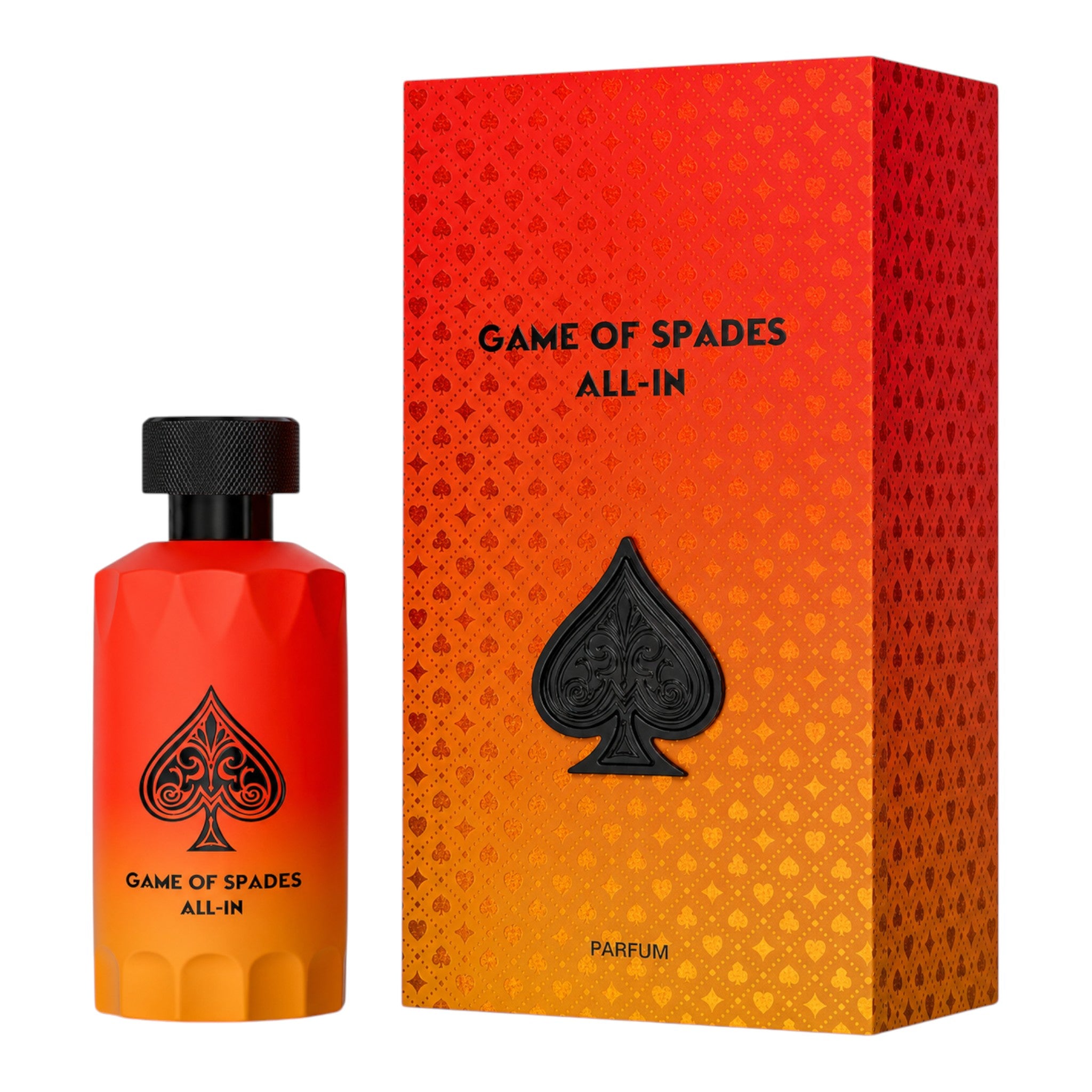Unique Clothes Game Of Spades All in perfume bottle and matching red and orange gradient box with spade emblem