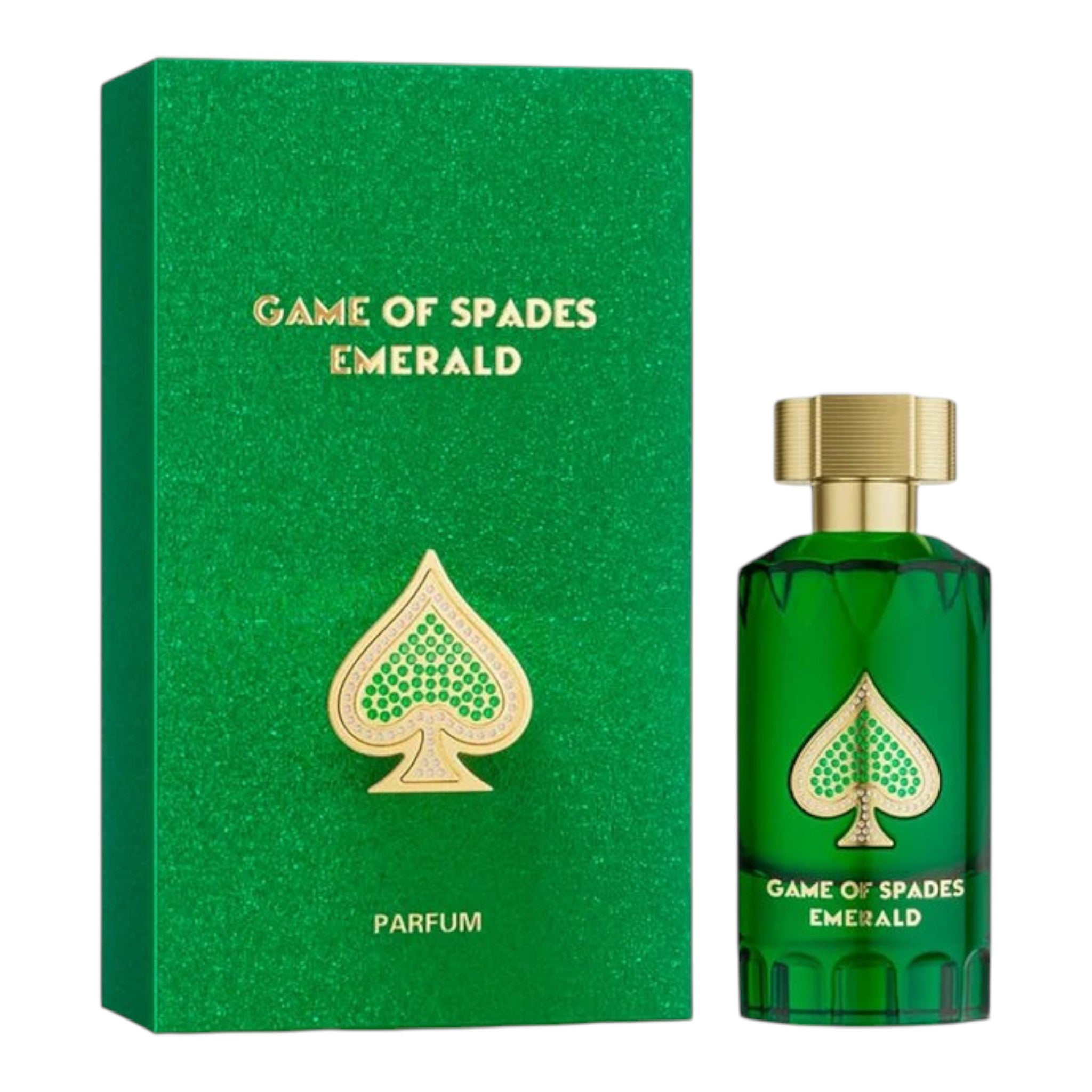 Unique Clothes Game Of Spades Emerald parfum bottle and matching green glittery box with gold spade emblem