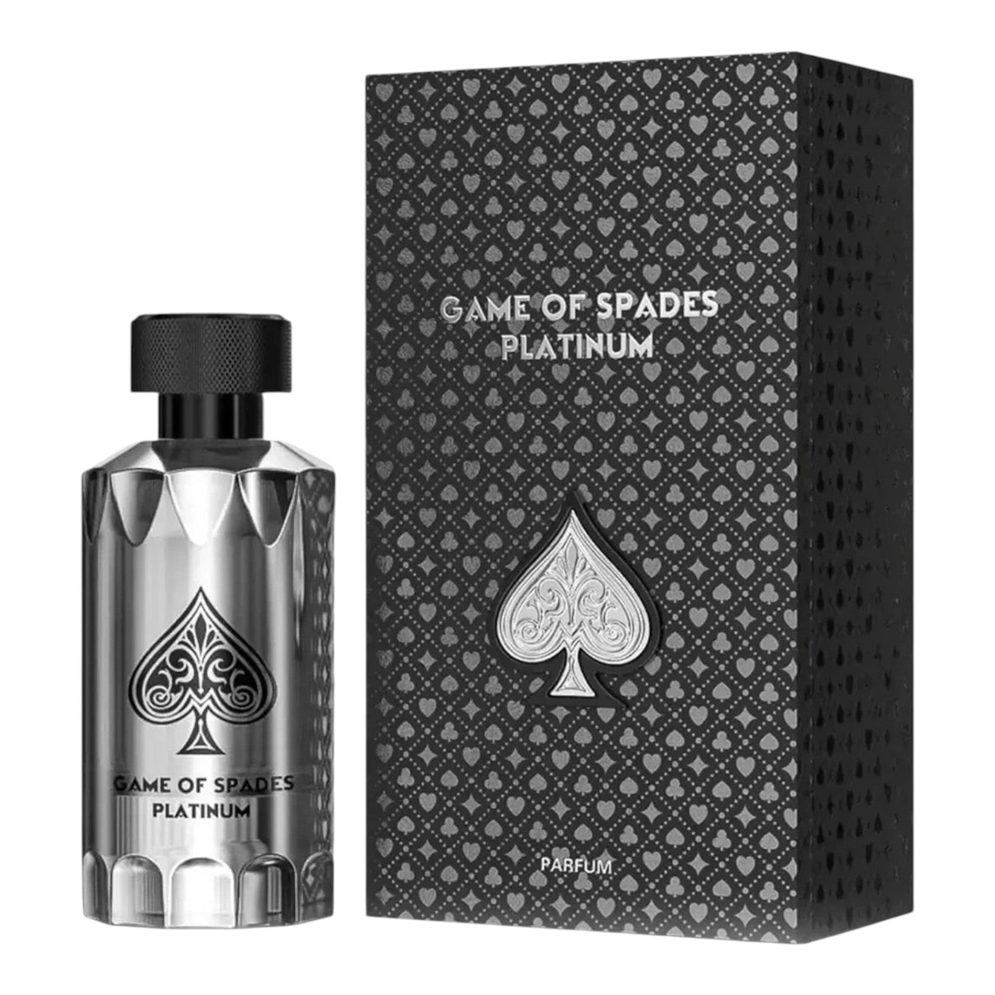 Unique Clothes Game Of Spades Platinum parfum bottle and matching black box with silver spade emblem