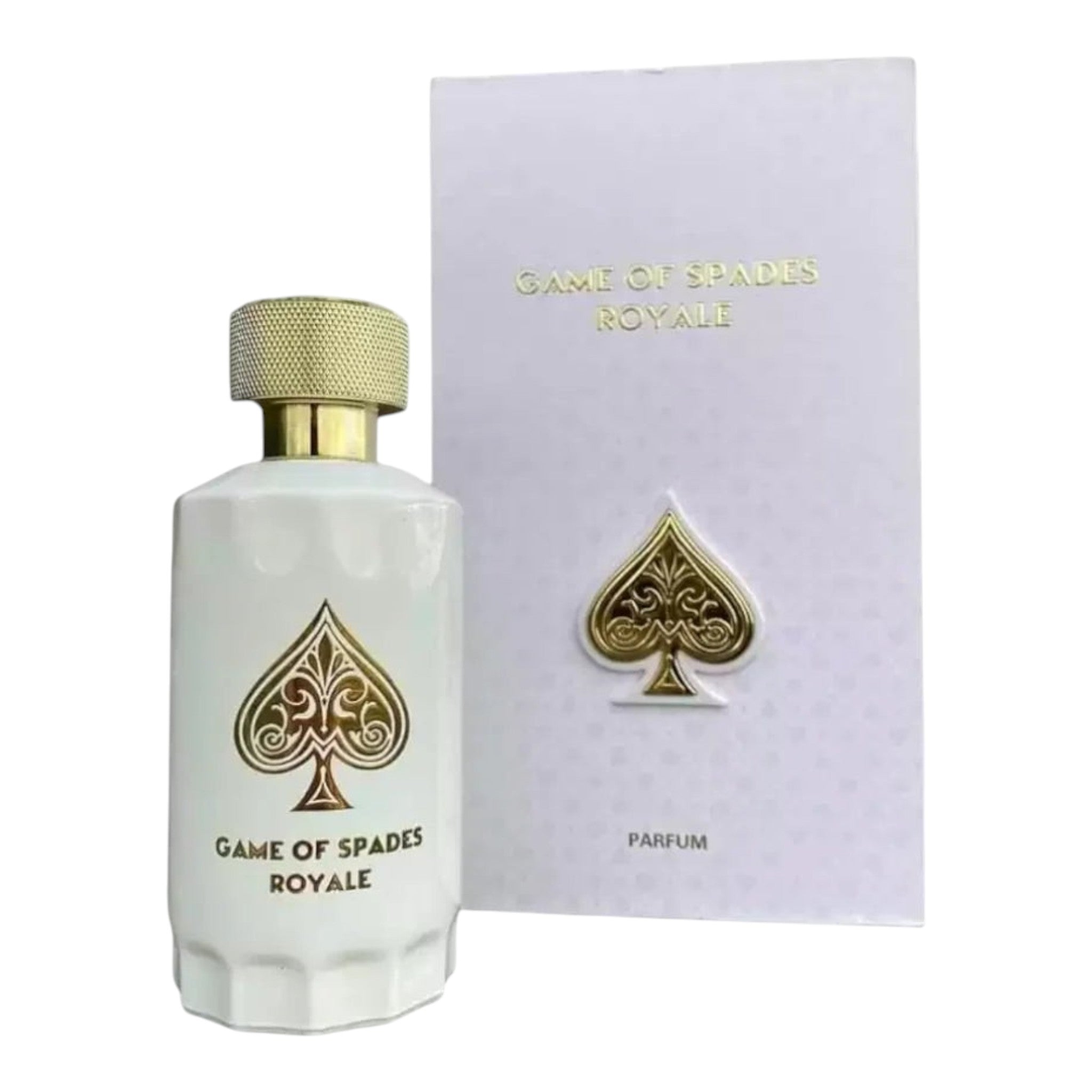Unique Clothes Game Of Spades Royale perfume bottle and white box with gold spade emblem
