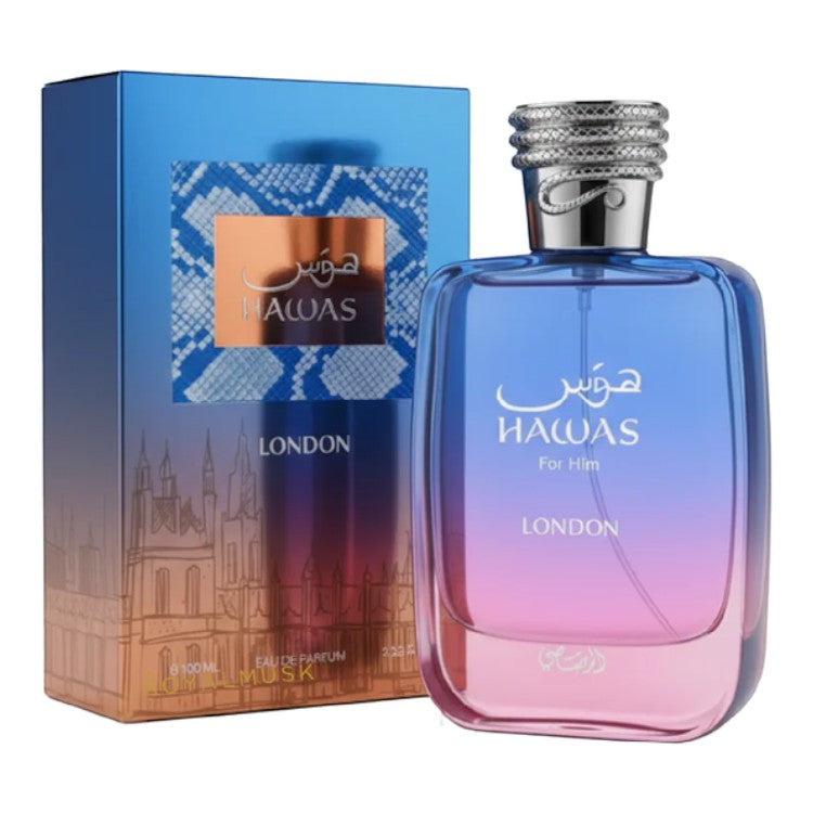 Unique Clothes Hawas London unisex eau de parfum bottle with blue and pink gradient glass and matching gift box