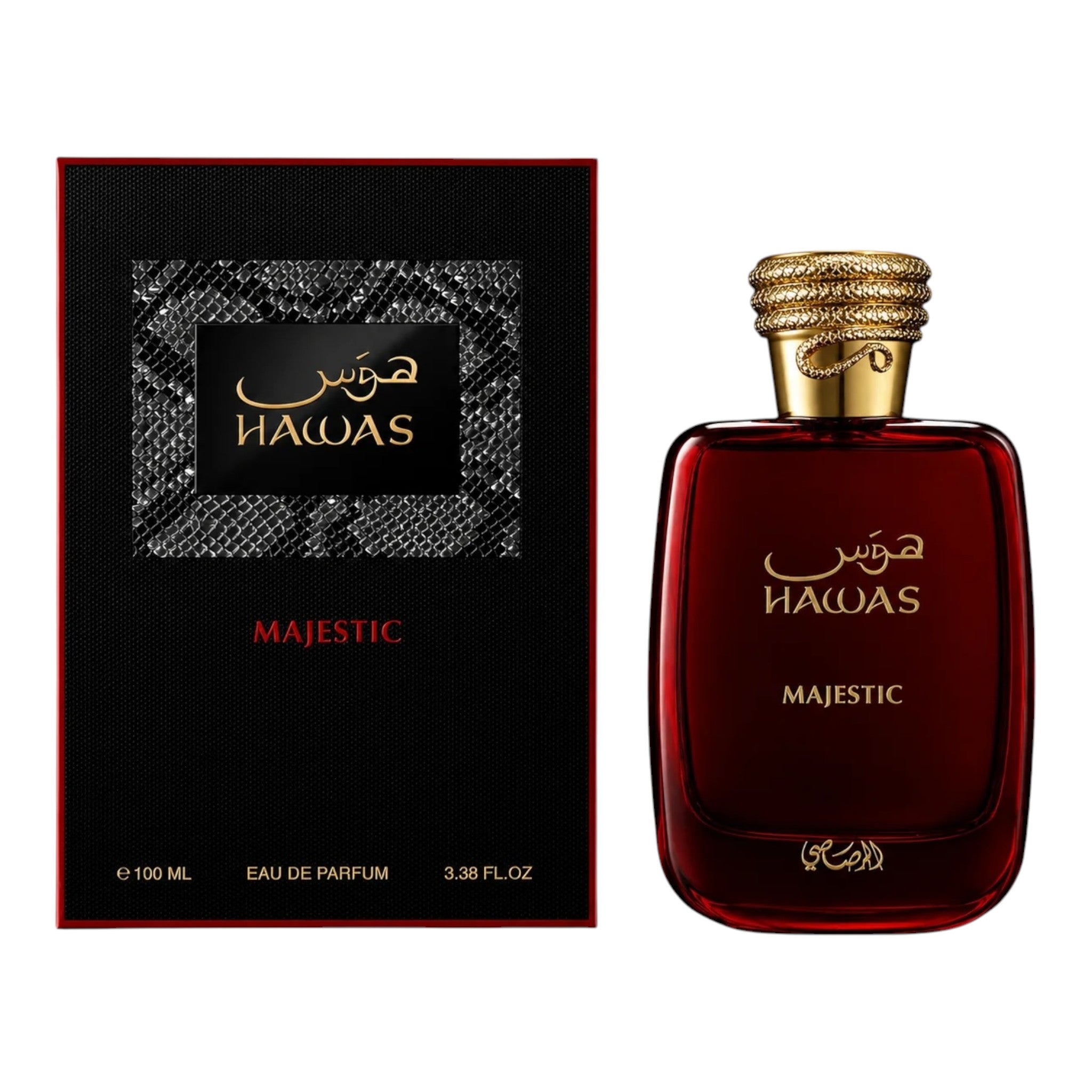 Unique Clothes Hawas Majestic unisex eau de parfum bottle in deep red glass with a gold snake-textured cap and box.