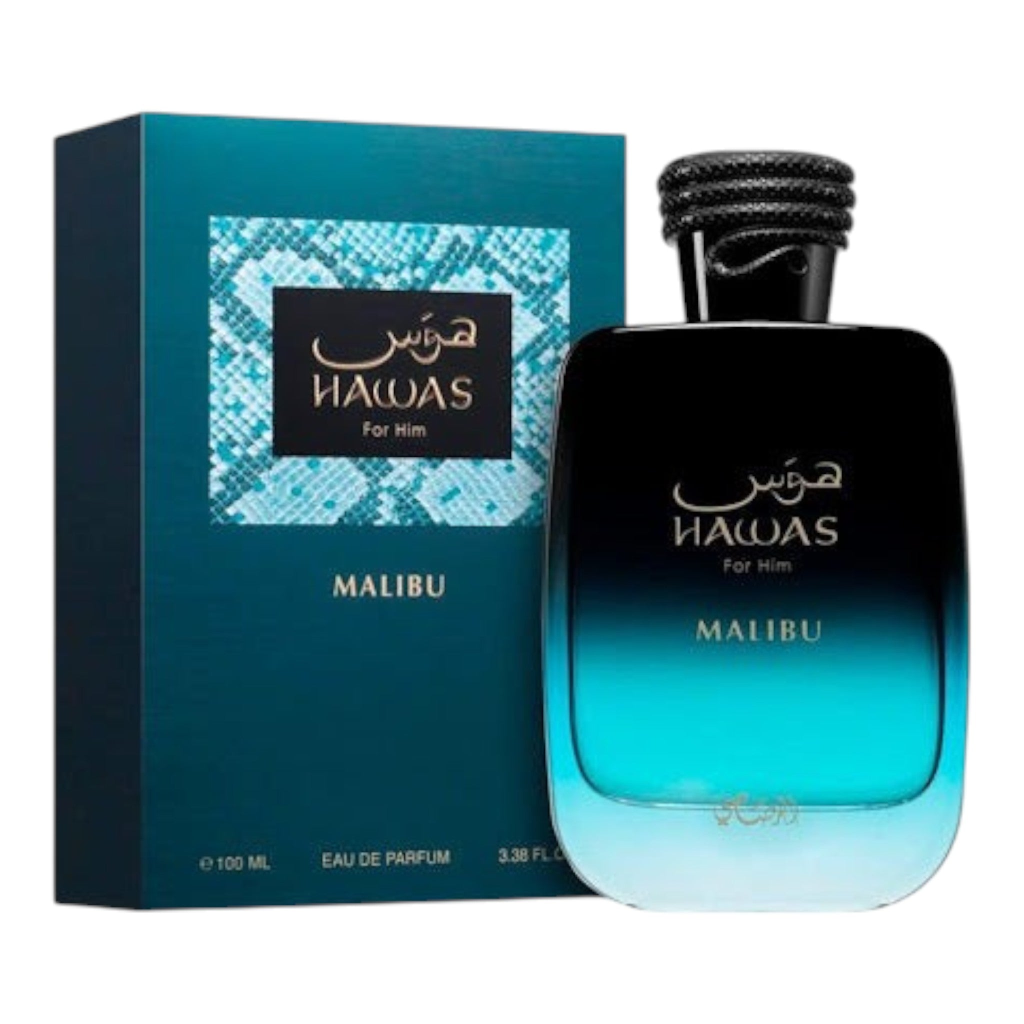 Unique Clothes Hawas Malibu unisex eau de parfum bottle and box with tropical teal and black gradient design