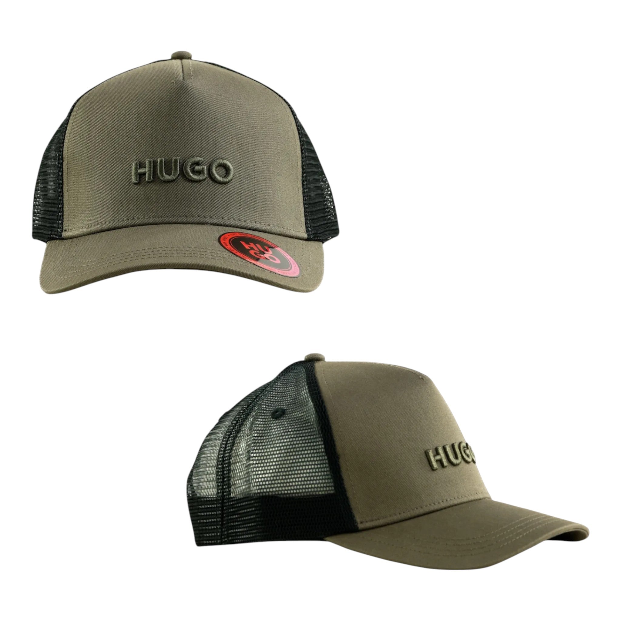 Unique Clothes Hugo Boss olive green trucker cap with black mesh back and embossed logo on the front