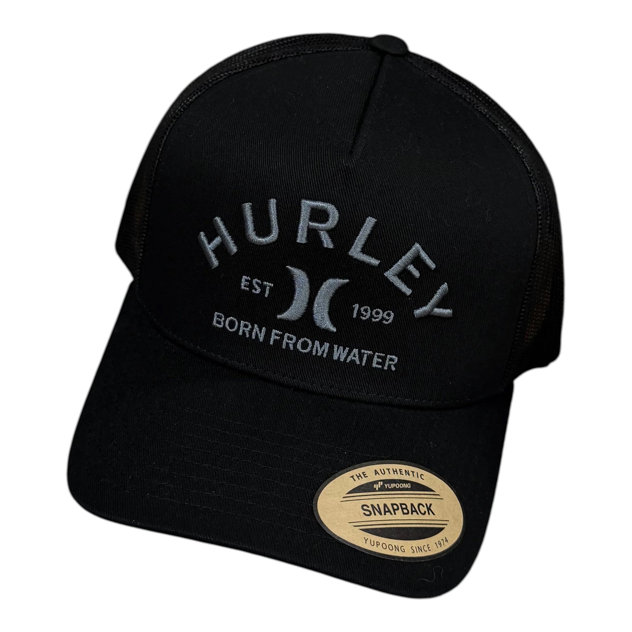 Unique Clothes black Hurley snapback trucker hat with embroidered logo and breathable mesh back panel