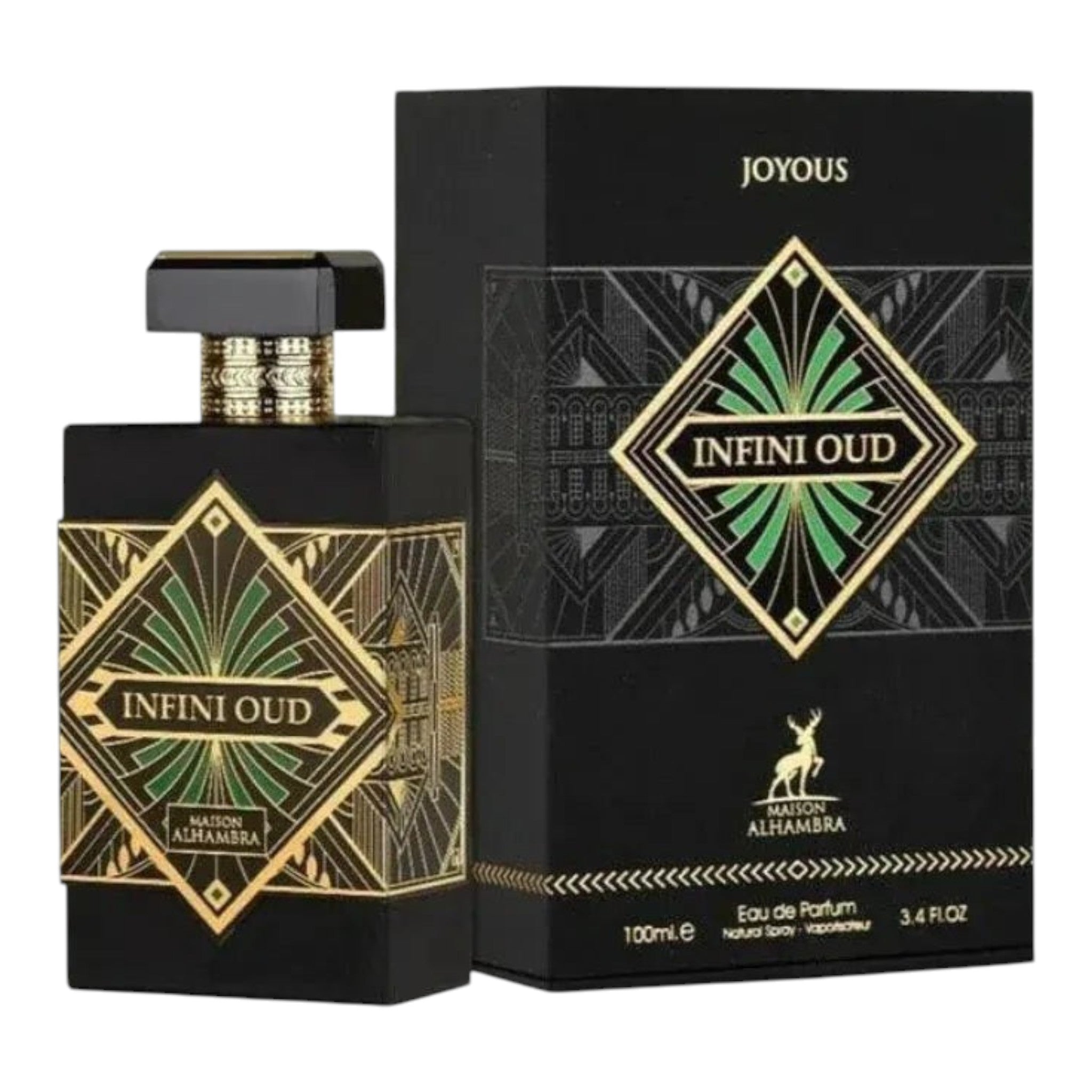 Unique Clothes Maison Alhambra Infini Oud Joyous unisex perfume bottle and black art deco style box