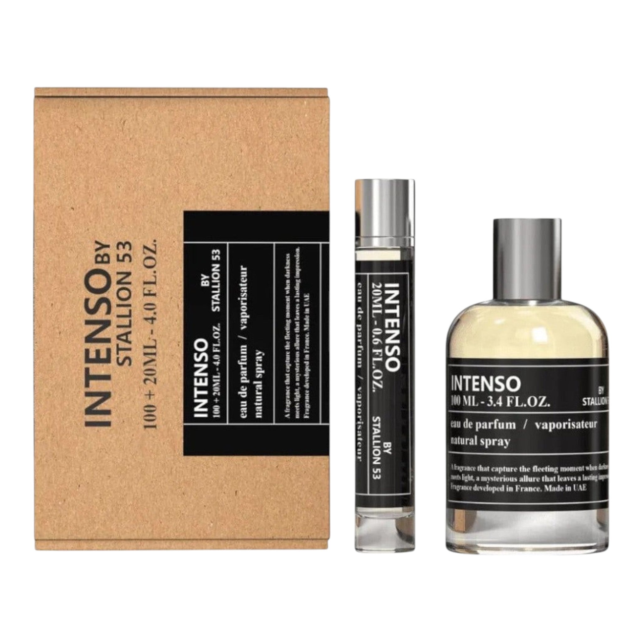 Unique Clothes Intenso By Stallion 53 fragrance set featuring a 100ml perfume bottle, 20ml travel spray, and box.