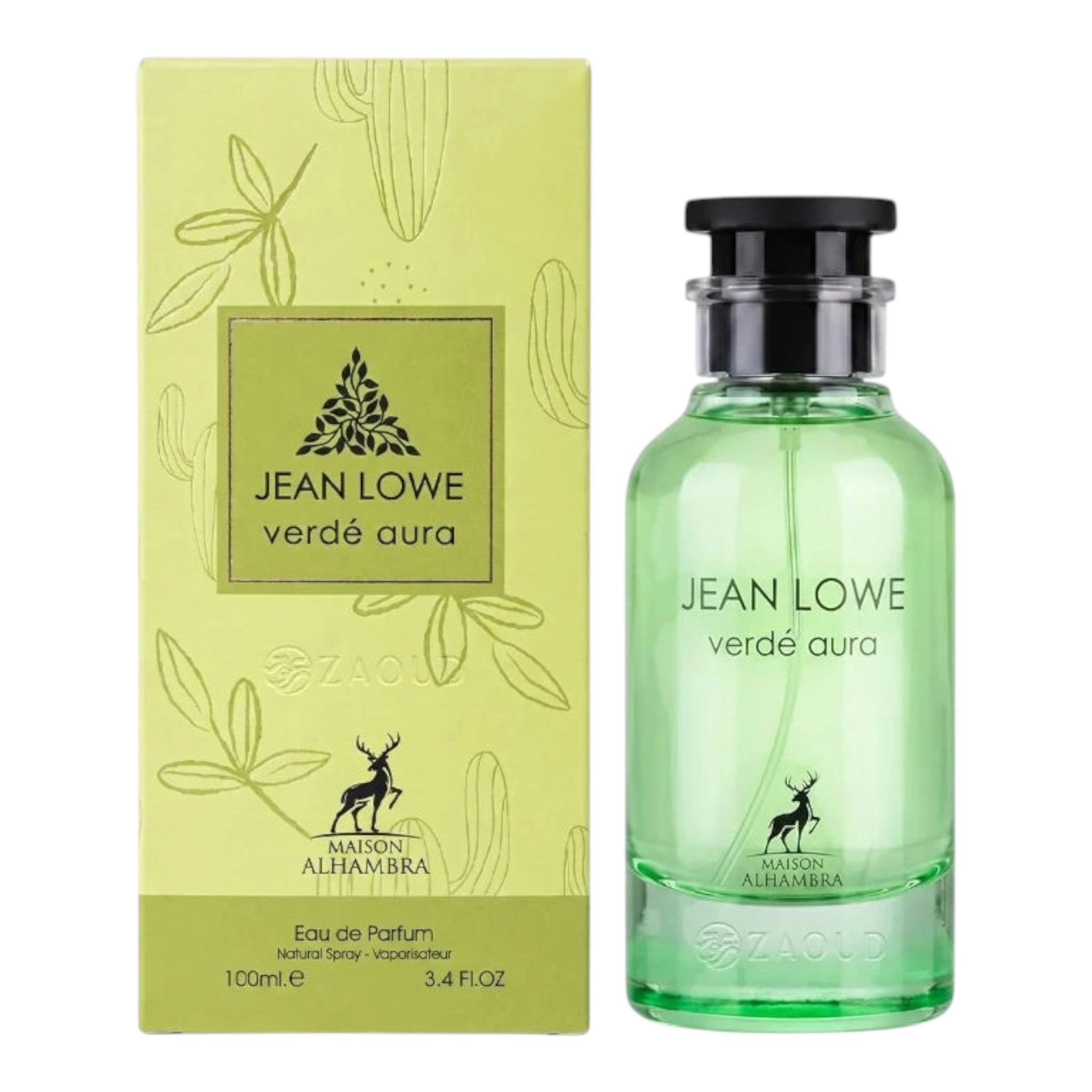 Unique Clothes Jean Lowe Verdé Aura unisex eau de parfum in a green glass bottle with matching botanical box