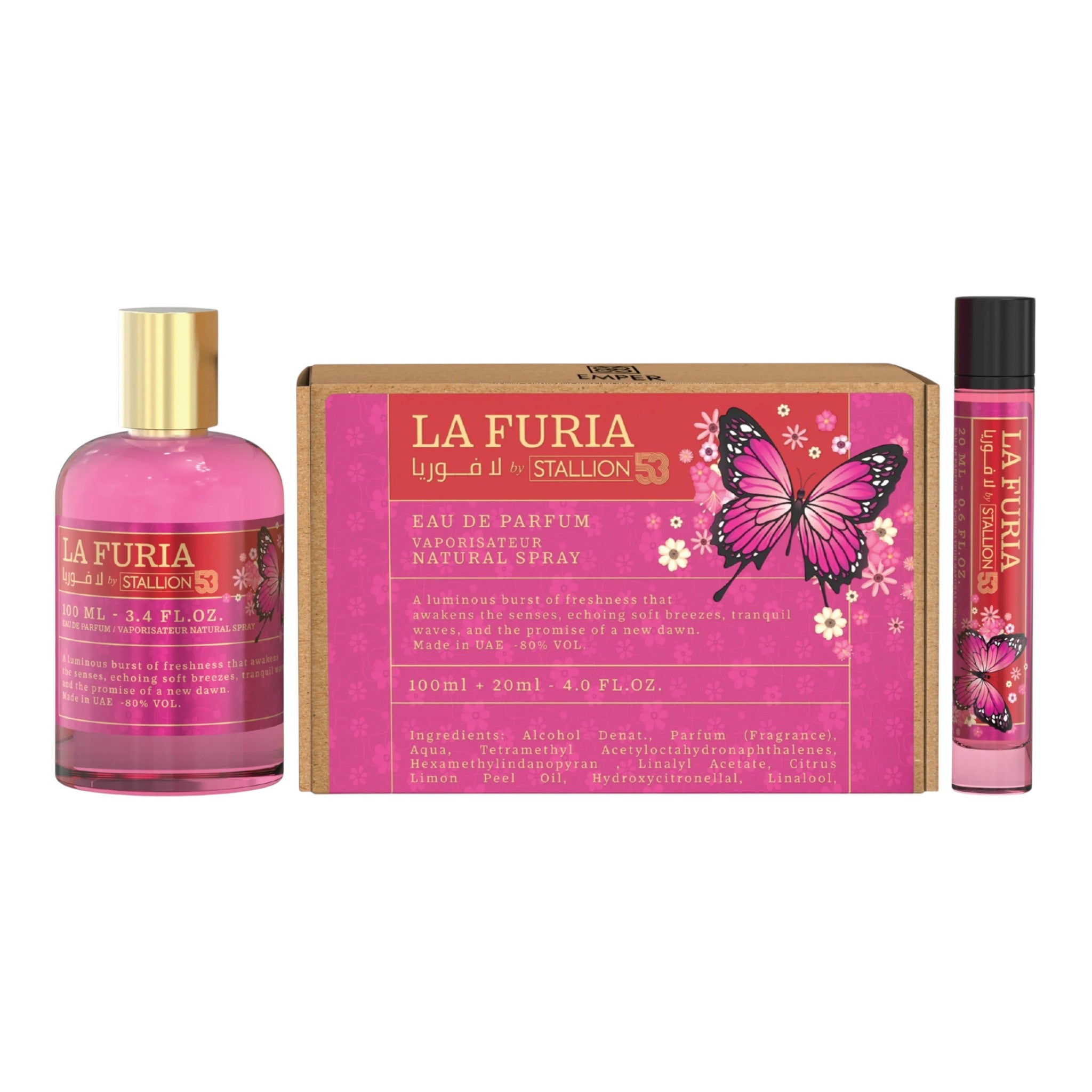 Unique Clothes La Furia by Stallion 53 perfume gift set with pink floral bottle, box, and travel spray