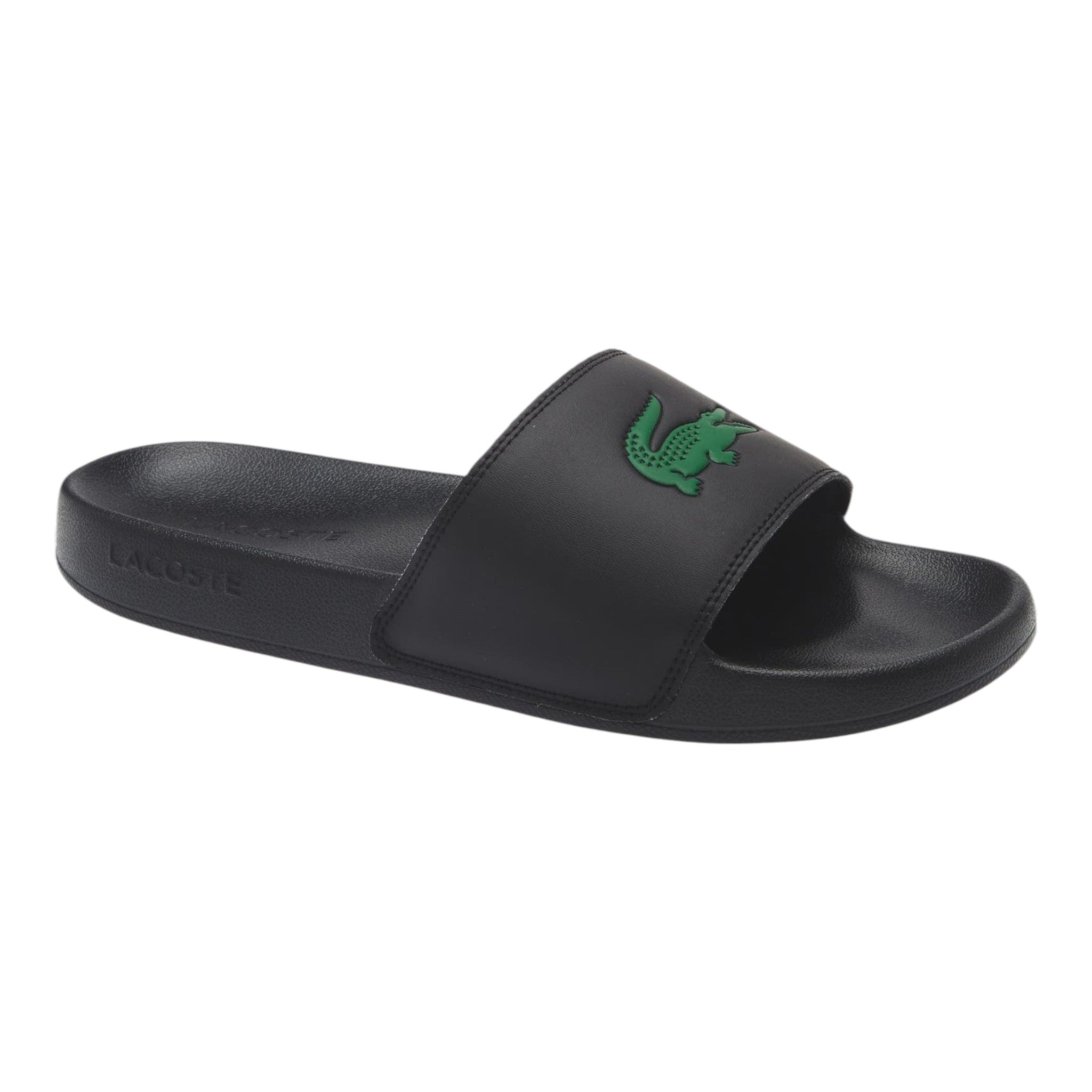 Unique Clothes black Lacoste slide sandals with a green crocodile logo on the strap and ergonomic footbed