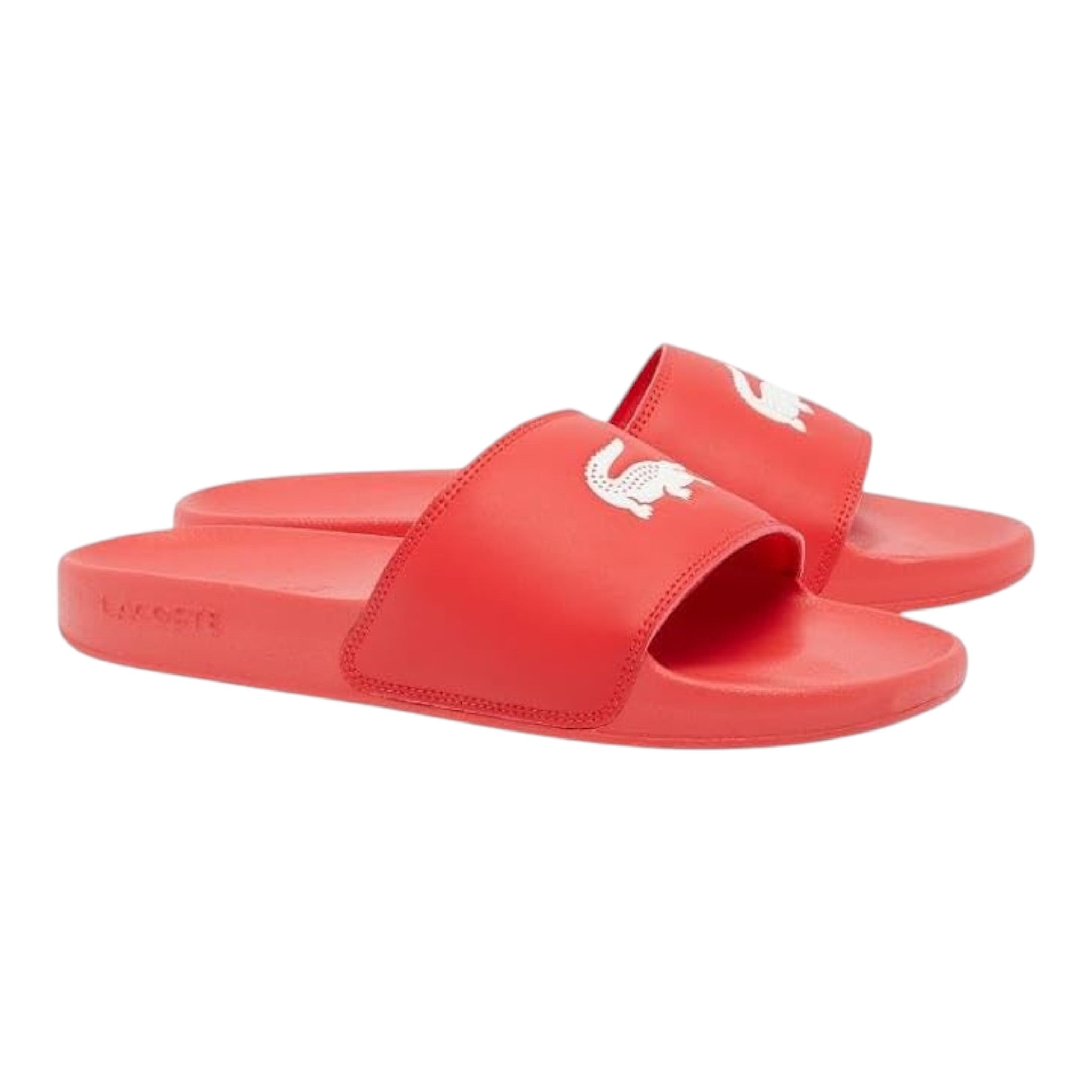 Unique Clothes Lacoste red slide sandals featuring a white crocodile logo on the strap and ergonomic footbed