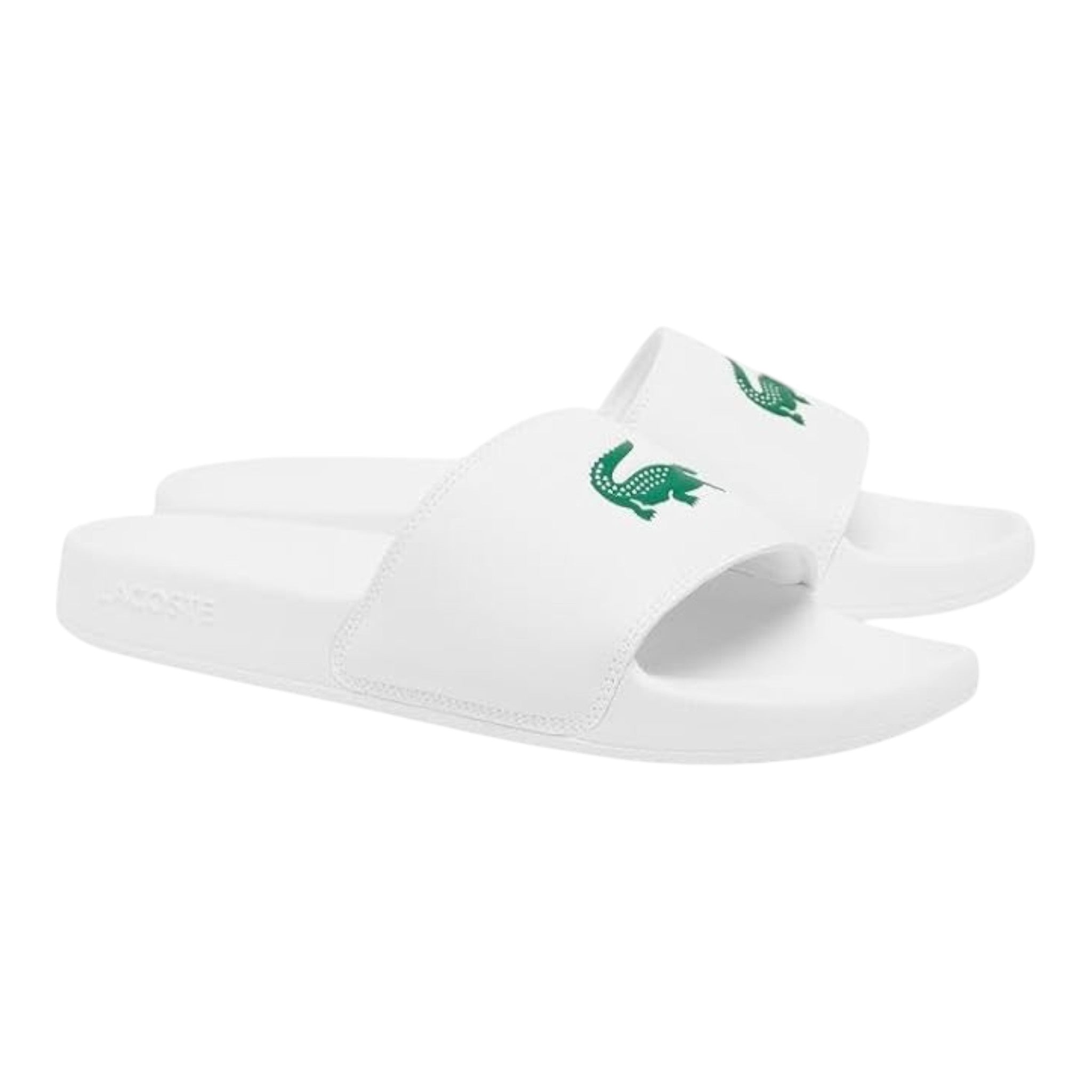 Unique Clothes white Lacoste slides featuring a green crocodile logo on the strap and ergonomic sole