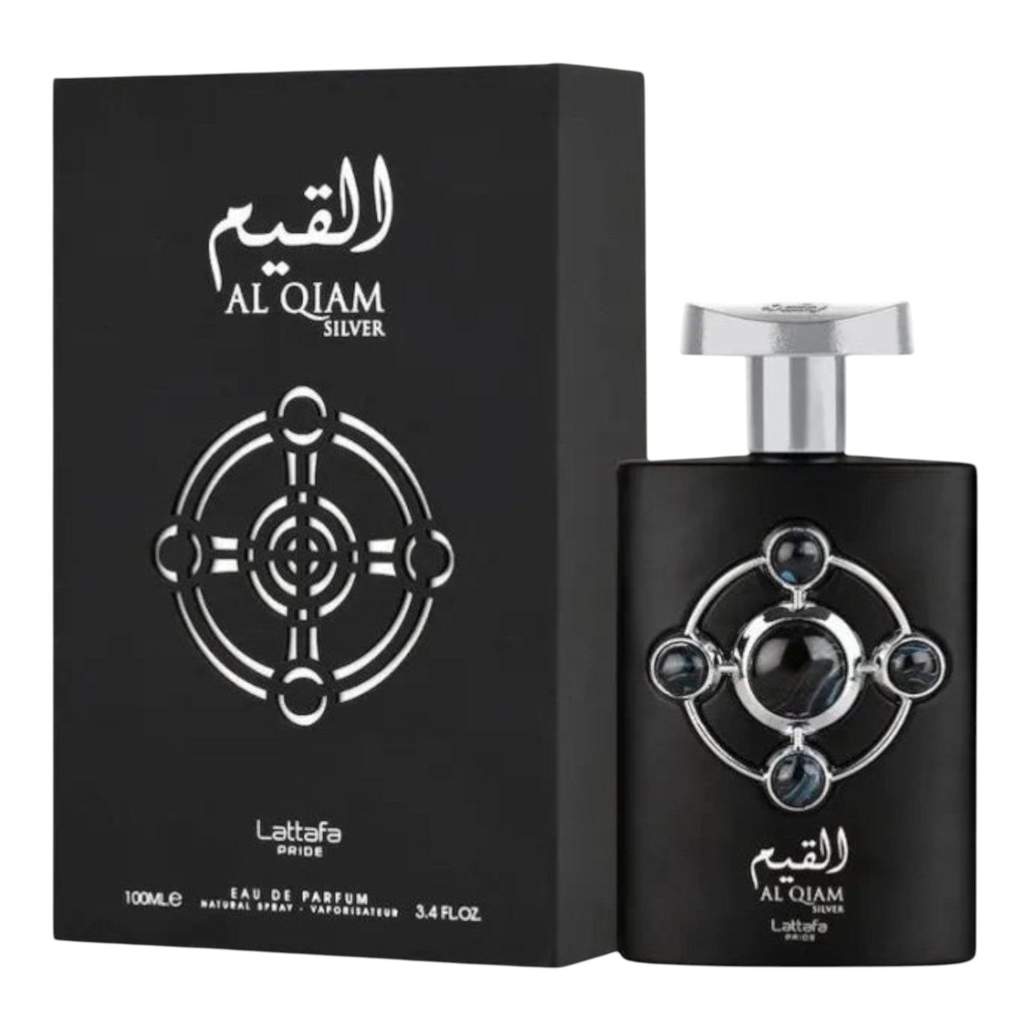 Unique Clothes Lattafa Al Qiam Silver eau de parfum bottle and black box with silver geometric emblem