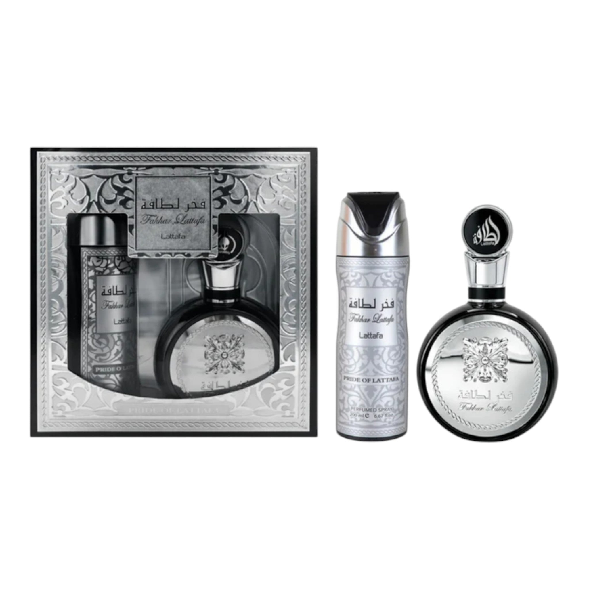 Unique Clothes Lattafa Fakhar Platin gift set featuring a perfume bottle and body spray with elegant silver accents.
