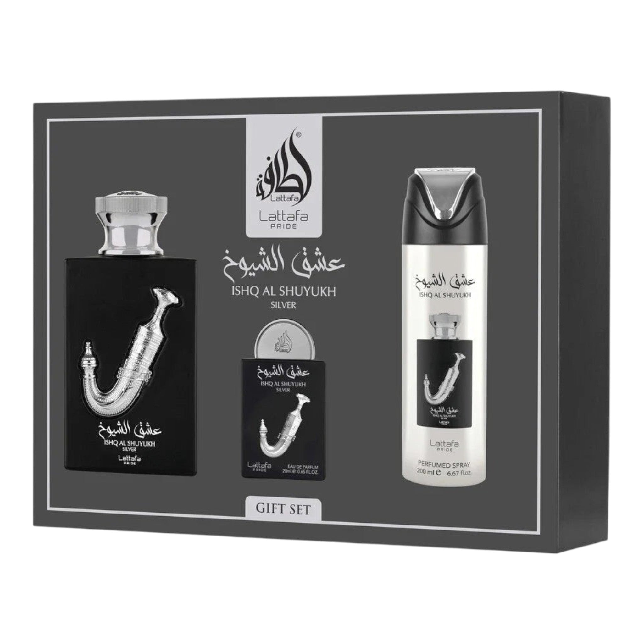 Unique Clothes Lattafa Ishq Al Shuyukh Silver gift set featuring a perfume bottle, mini spray, and body spray.