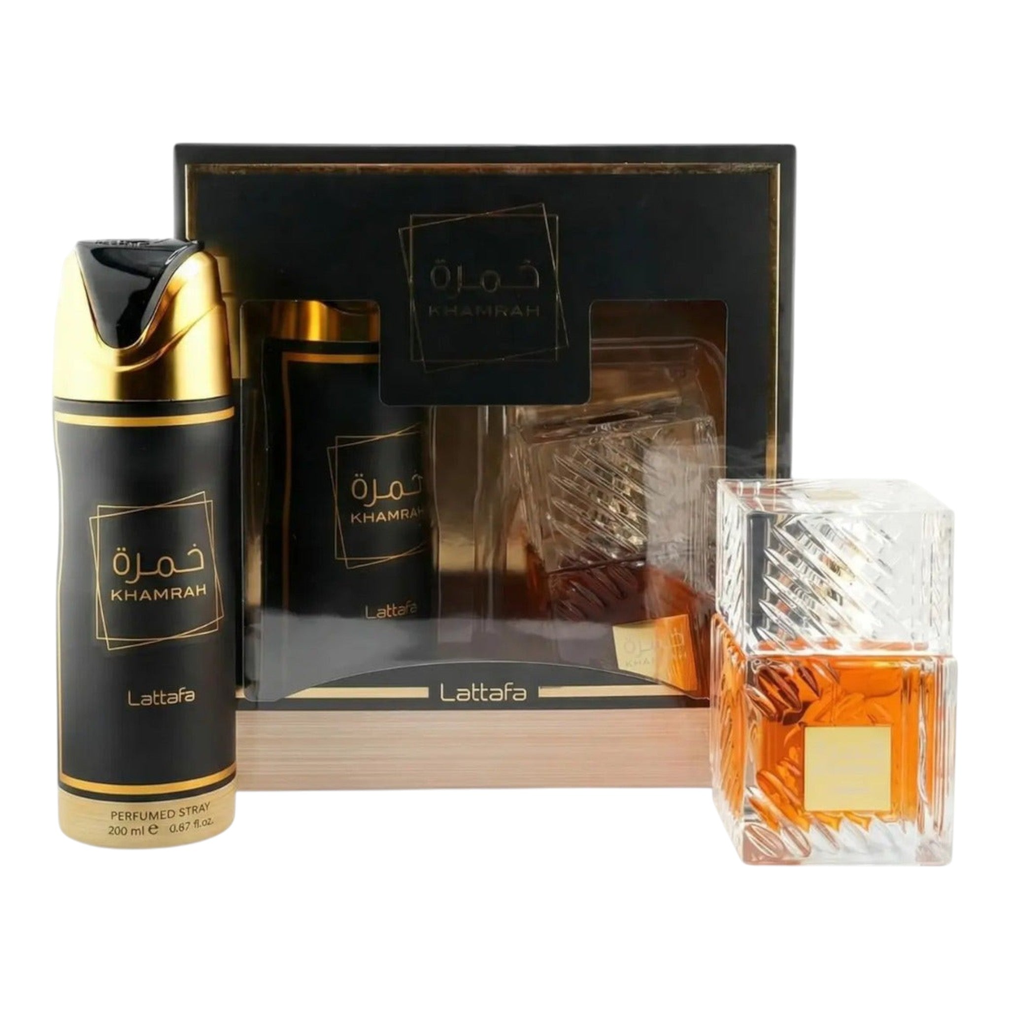 Unique Clothes Lattafa Khamrah gift set featuring a perfume bottle, body spray, and elegant black and gold packaging.