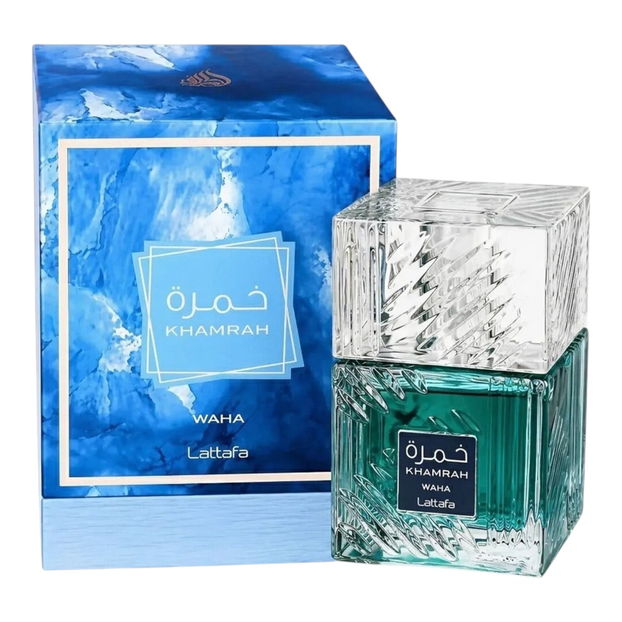 Unique Clothes Lattafa Khamrah Waha unisex perfume with blue marble box and textured green glass bottle