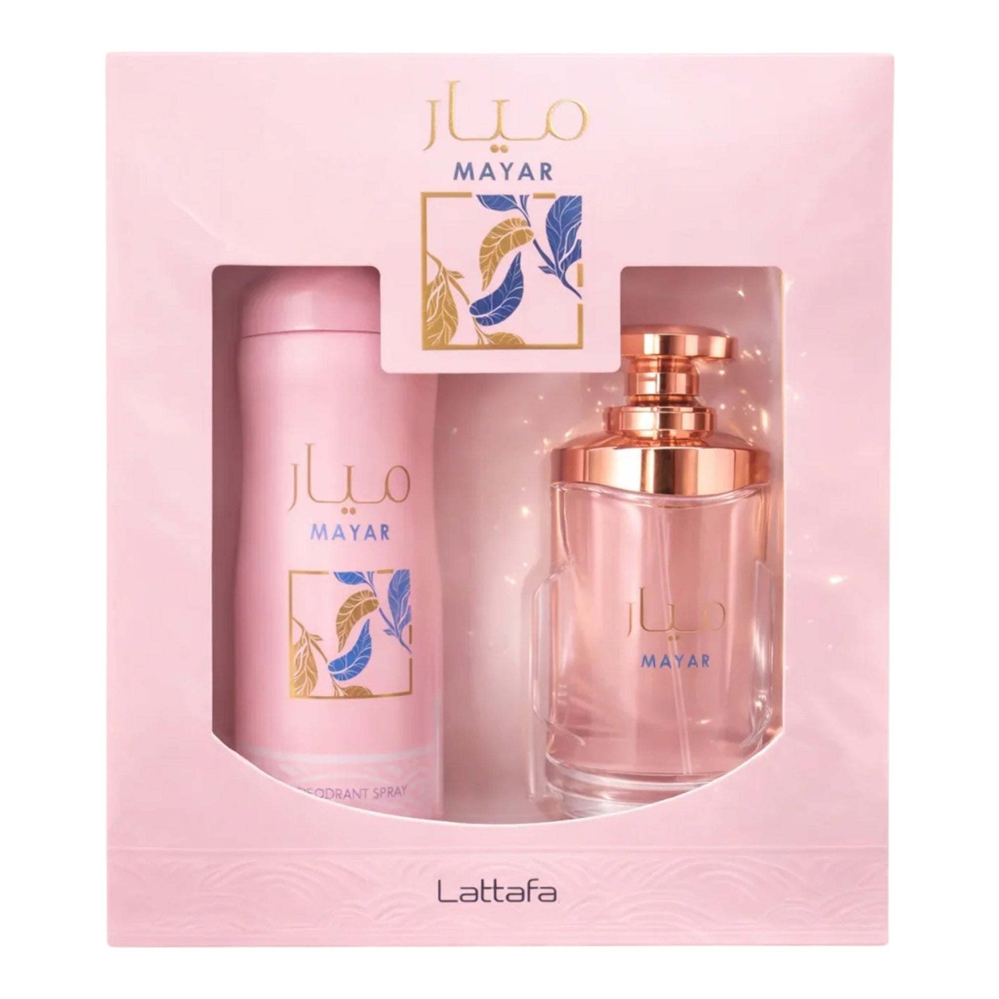 Unique Clothes Lattafa Mayar perfume and deodorant spray gift set in pink packaging with gold accents
