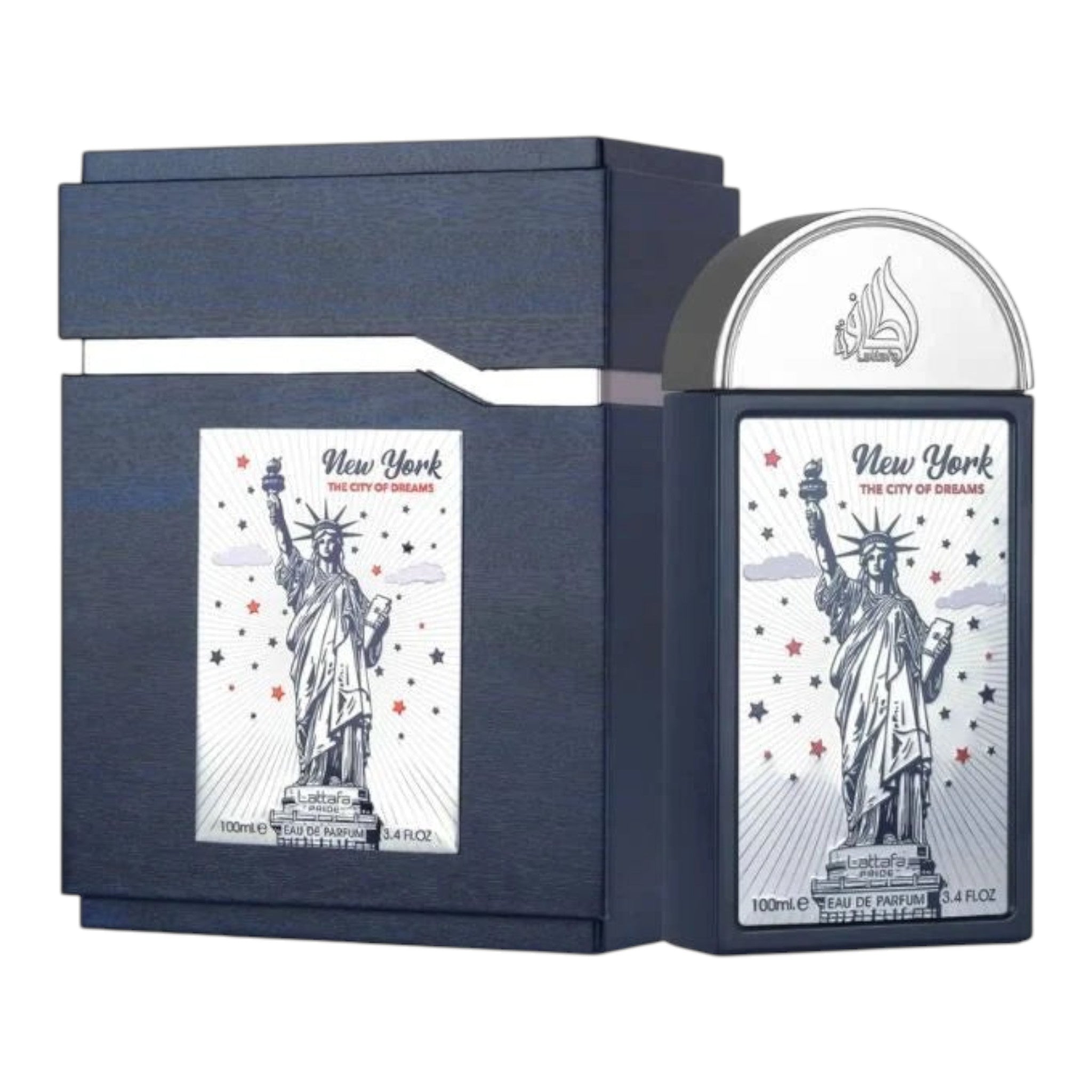 Unique Clothes Lattafa New York City of Dreams perfume bottle and dark blue wooden box with Statue of Liberty graphic