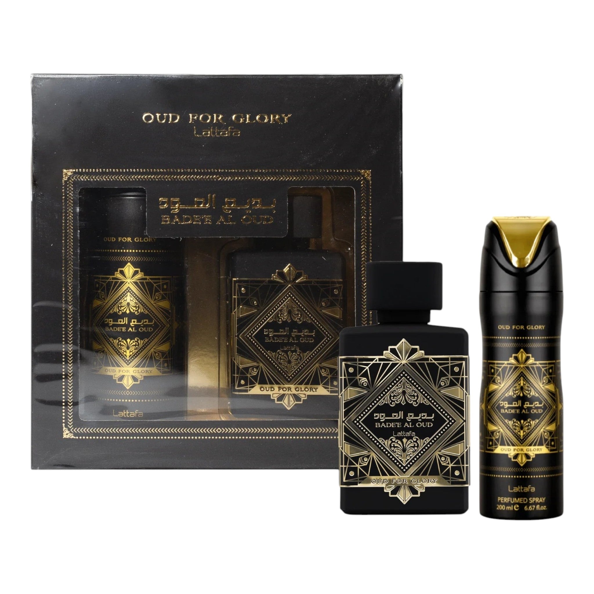 Unique Clothes Lattafa Oud for Glory gift set featuring a perfume bottle, body spray, and air freshener in black gold