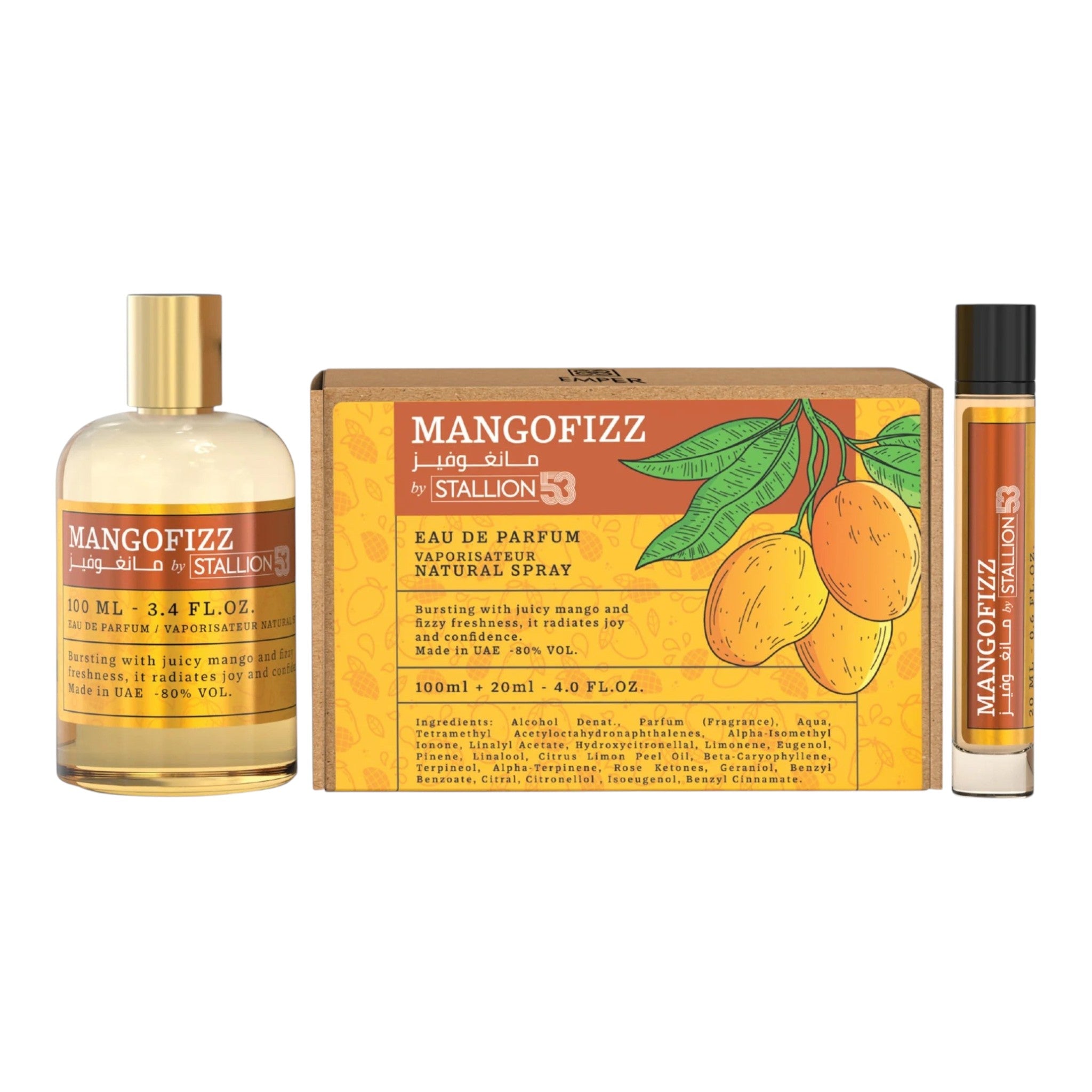 Unique Clothes Mangofizz by Stallion 53 fragrance set featuring a 100ml bottle, 20ml travel spray, and mango box.