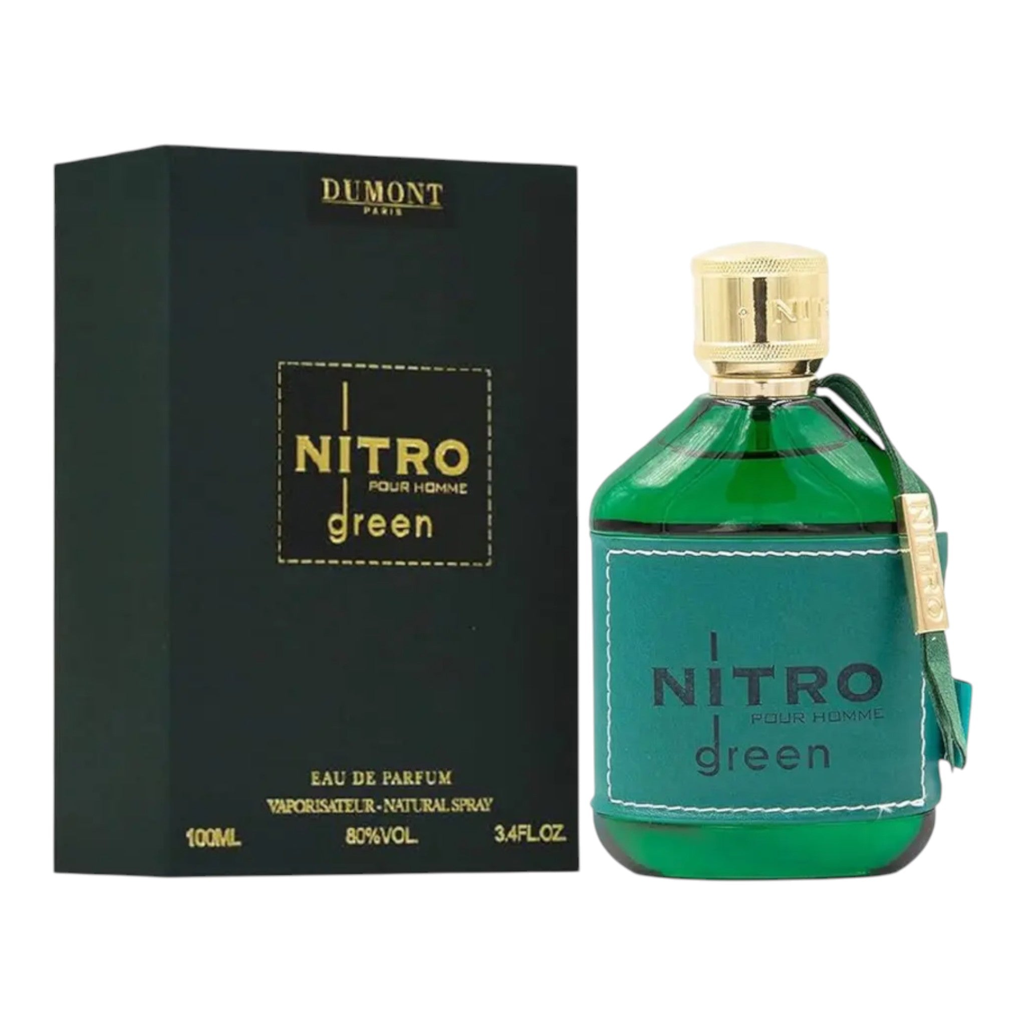 Unique Clothes Nitro Green eau de parfum for men in a green glass bottle with leather trim and matching black box.