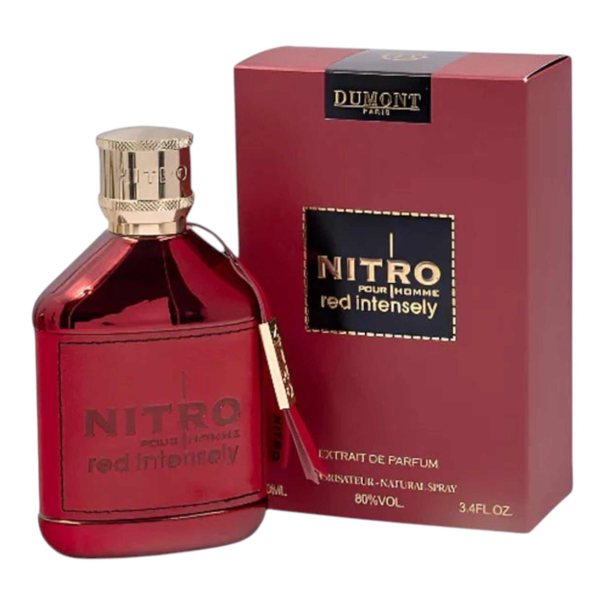 Unique Clothes Nitro Red Intensely perfume bottle and matching red box packaging for men