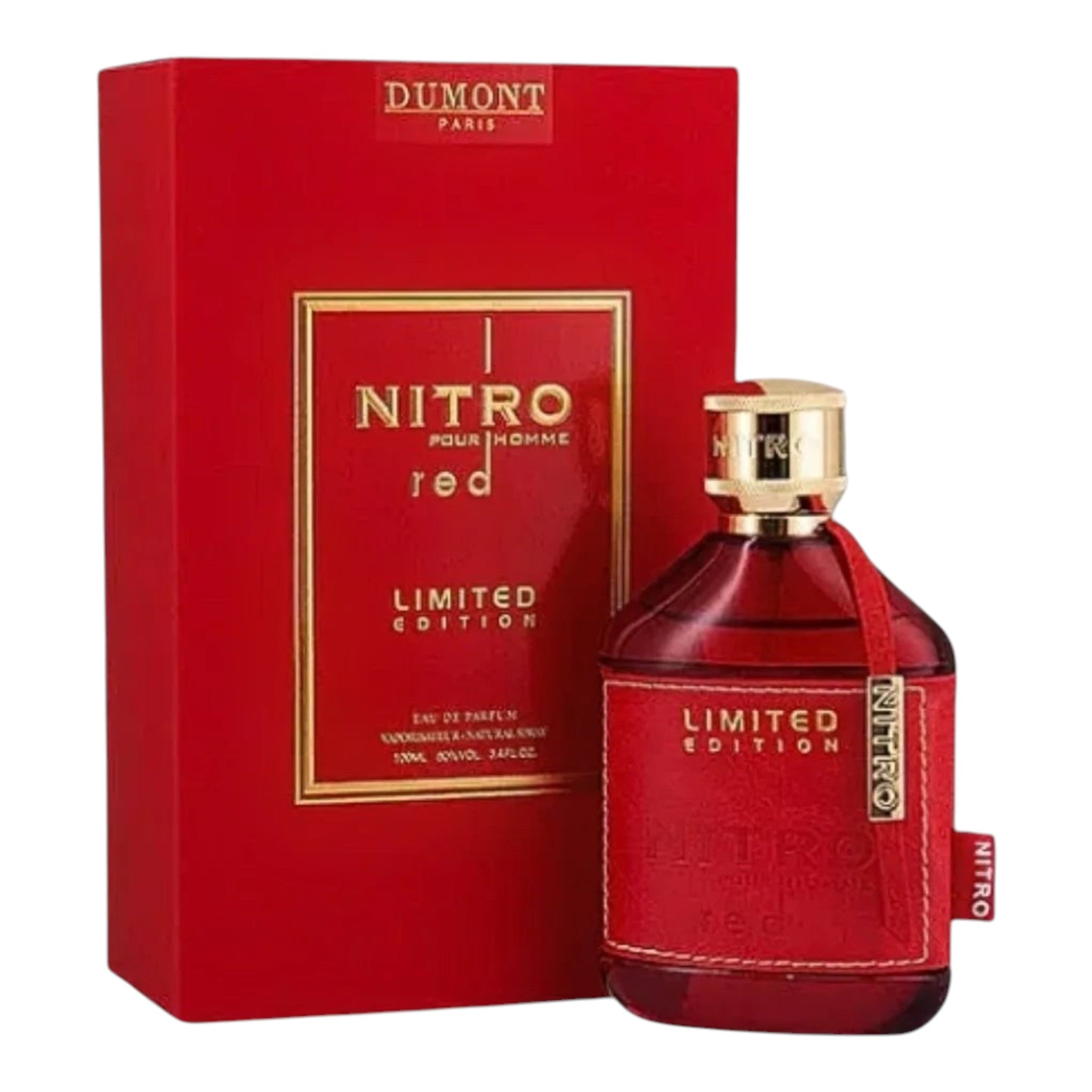 Unique Clothes Nitro Red Eau de Parfum bottle and red box featuring a vibrant red design with gold accents.